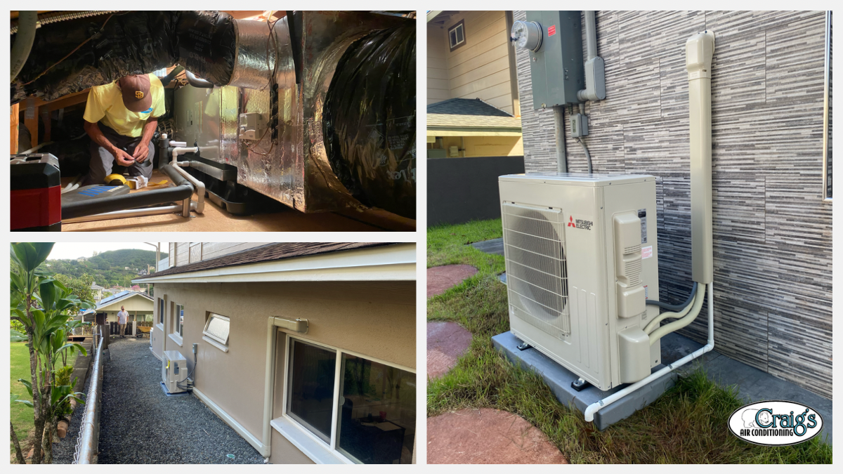 Air conditioning installation showing outdoor condenser connections and attic air handler setup