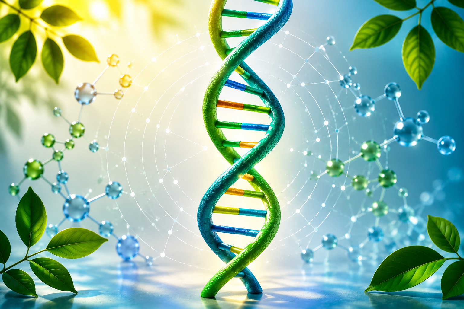Illustration of a DNA double helix surrounded by green leaves and molecular structures on a gradient background that transitions from yellow to blue.