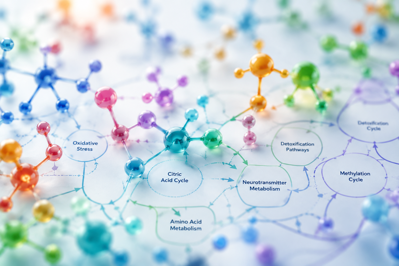 Colorful molecular diagram illustrating metabolic pathways, including citric acid cycle, oxidative stress, detoxification pathways, neurotransmitter metabolism, and methylation cycle.
