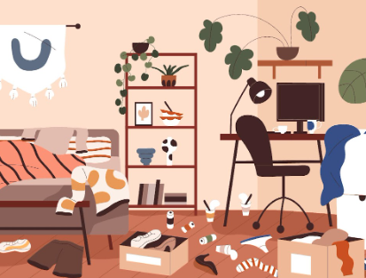 Illustration of a messy office with clothes on sofa, mugs on desk, clutter on floor