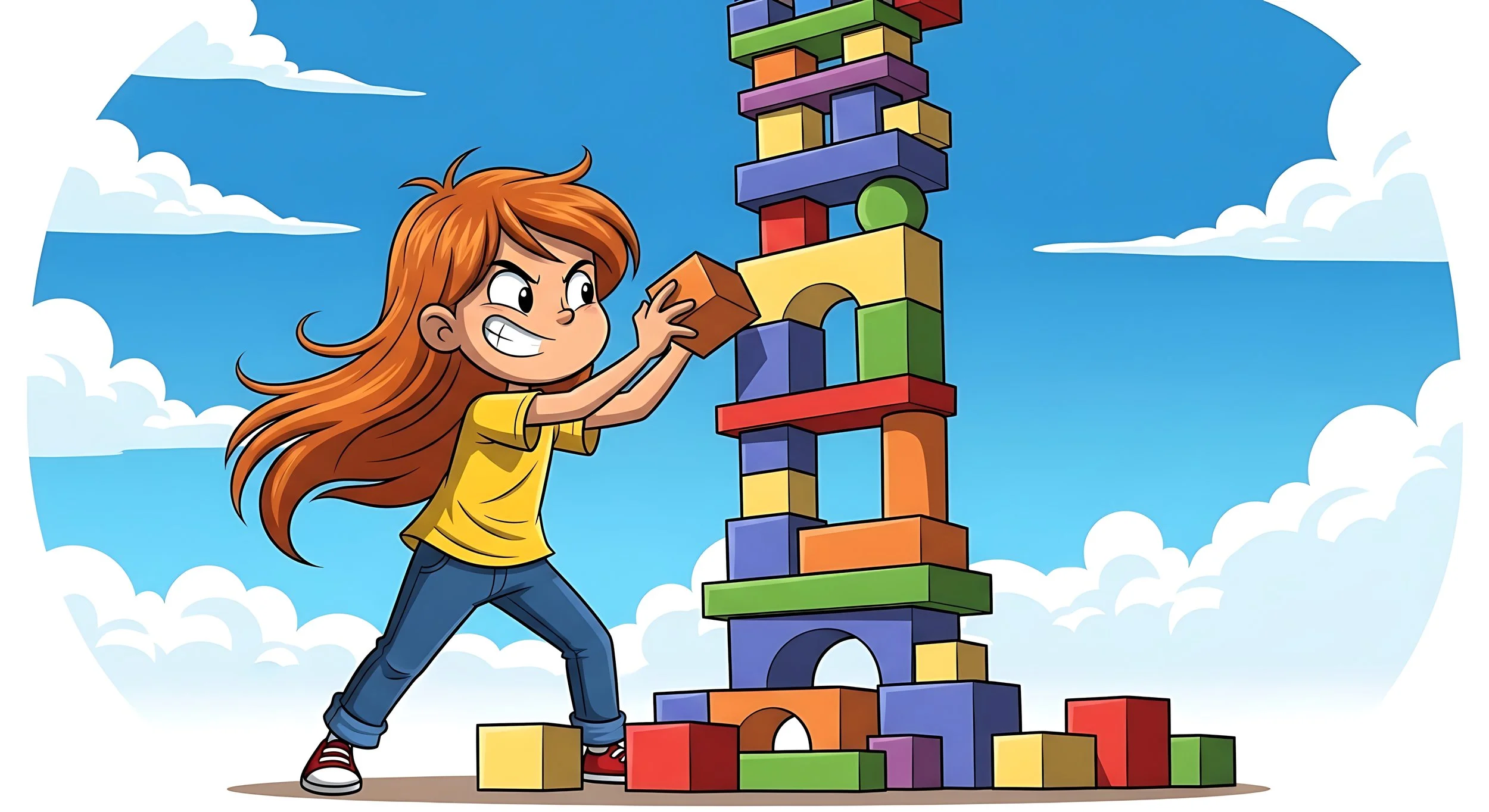 This is an image of a girl building a block tower.