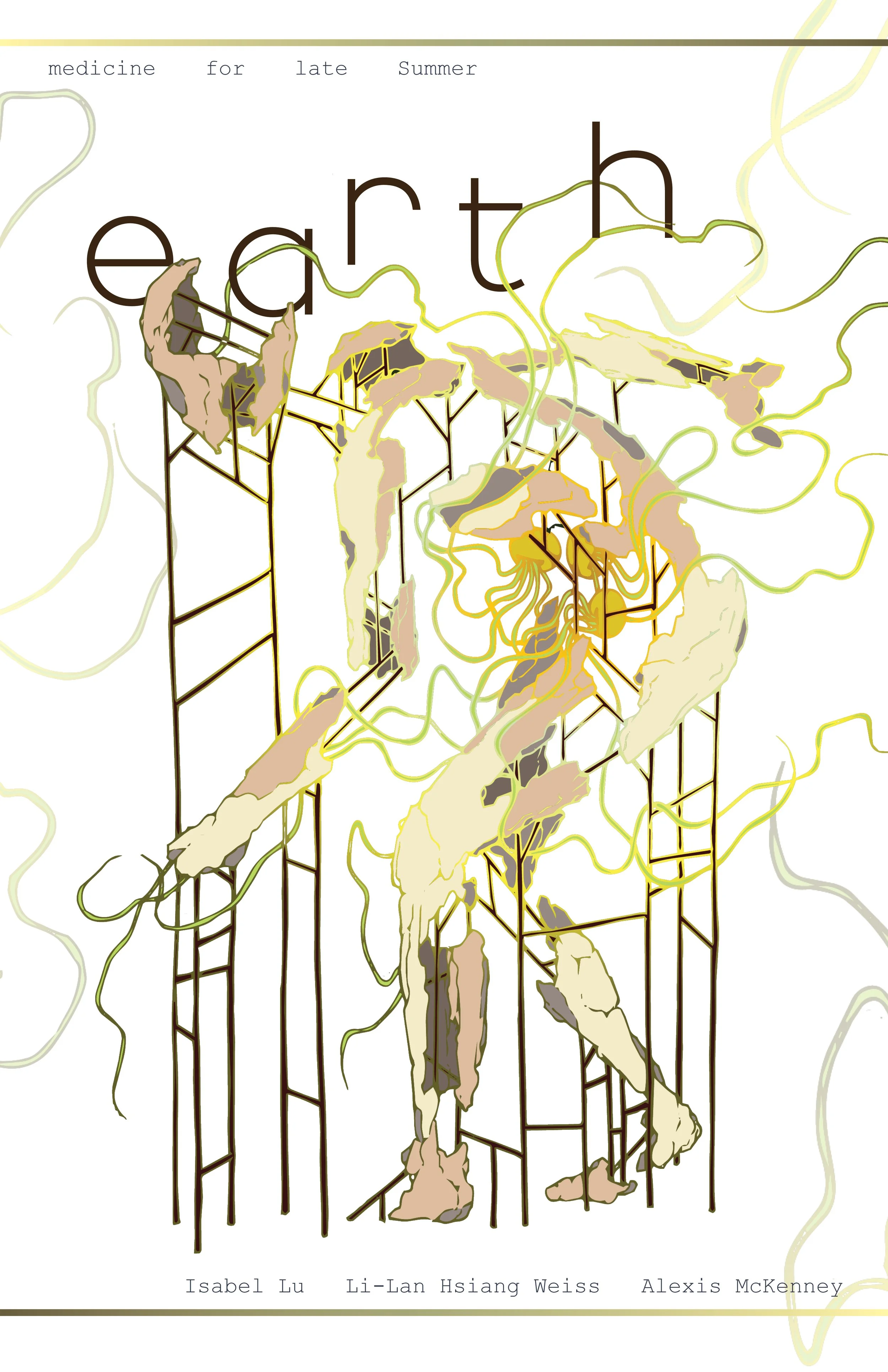 illustrative cover of 'earth' zine. A figure made of stone and scaffolding crouches down. Three soybeans float in their abdomen. Green, stringy sprouts emerge from the beans and swirl across the image.