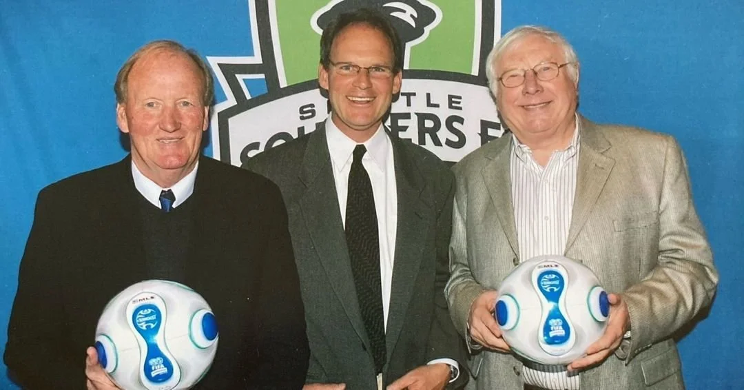 When the Sounders' original MLS crest was unveiled in 2008, three iconic coaching figures stepped before the lens. Our Nov. 18 Eras of Legends host Brian Schmetzer is flanked by Alan Hinton, who will be an onstage guest of Brian's, and Jimmy Gabriel,