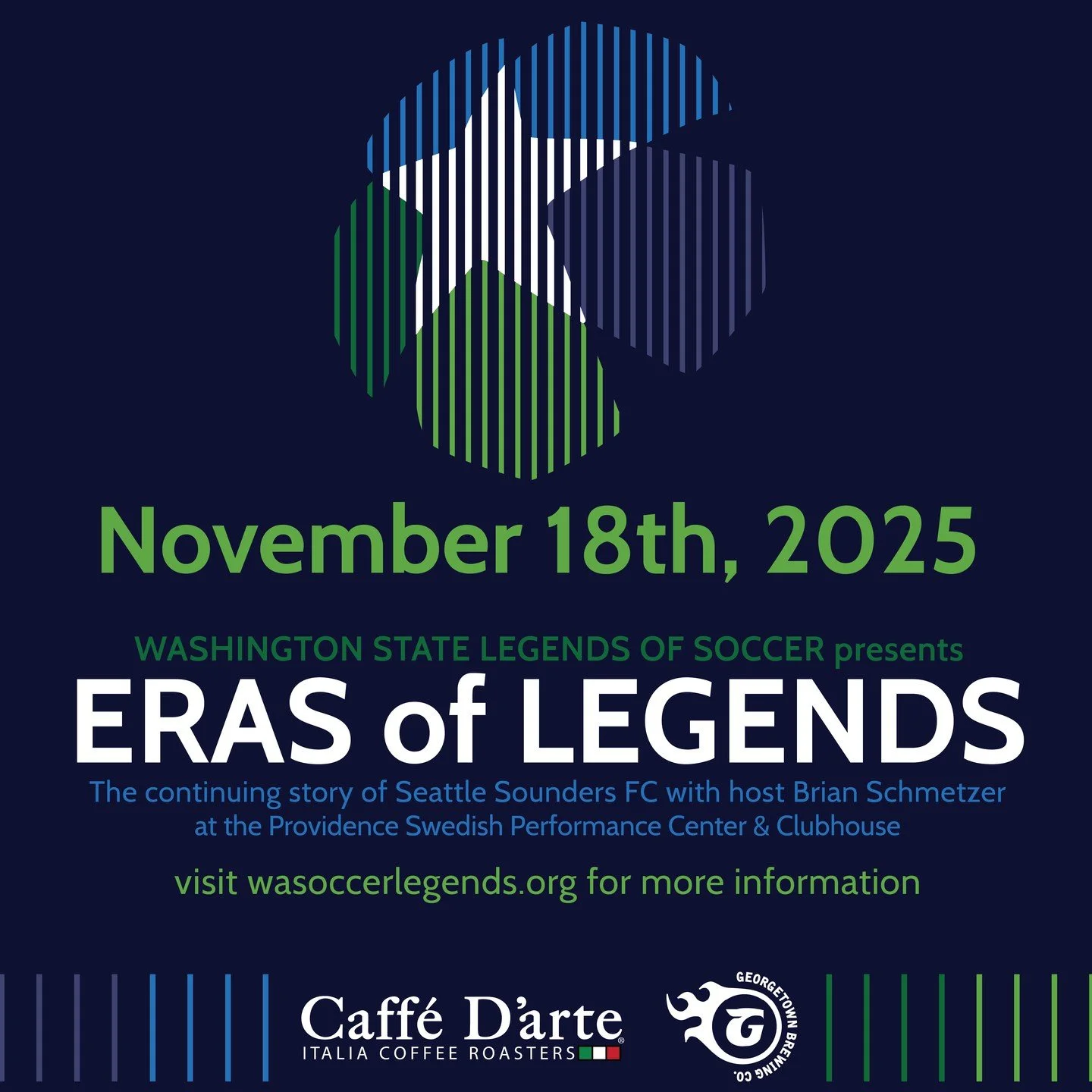 It's the story of 5 decades of #soundersfc , told by Sounders themselves. Eras of Legends, presented by Caffe D'arte and hosted by Brian Schmetzer on Tuesday, Nov. 18. From Chursky to Frei, McAlister to Morris, a Who's Who of heroes, past and present