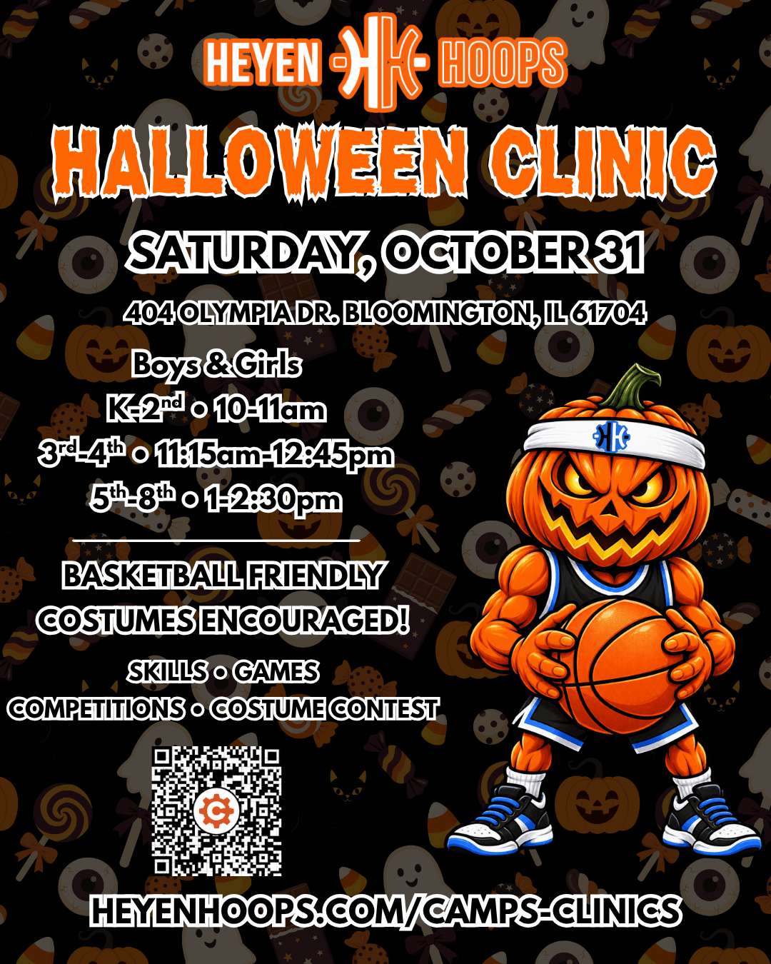Heyen Hoops Halloween Clinic flyer: Saturday October 31, 404 Olympia Dr, Bloomington; grades K–2 10–11 AM, grades 3–4 11:15 AM–12:45 PM, grades 5–8 1–2:30 PM.