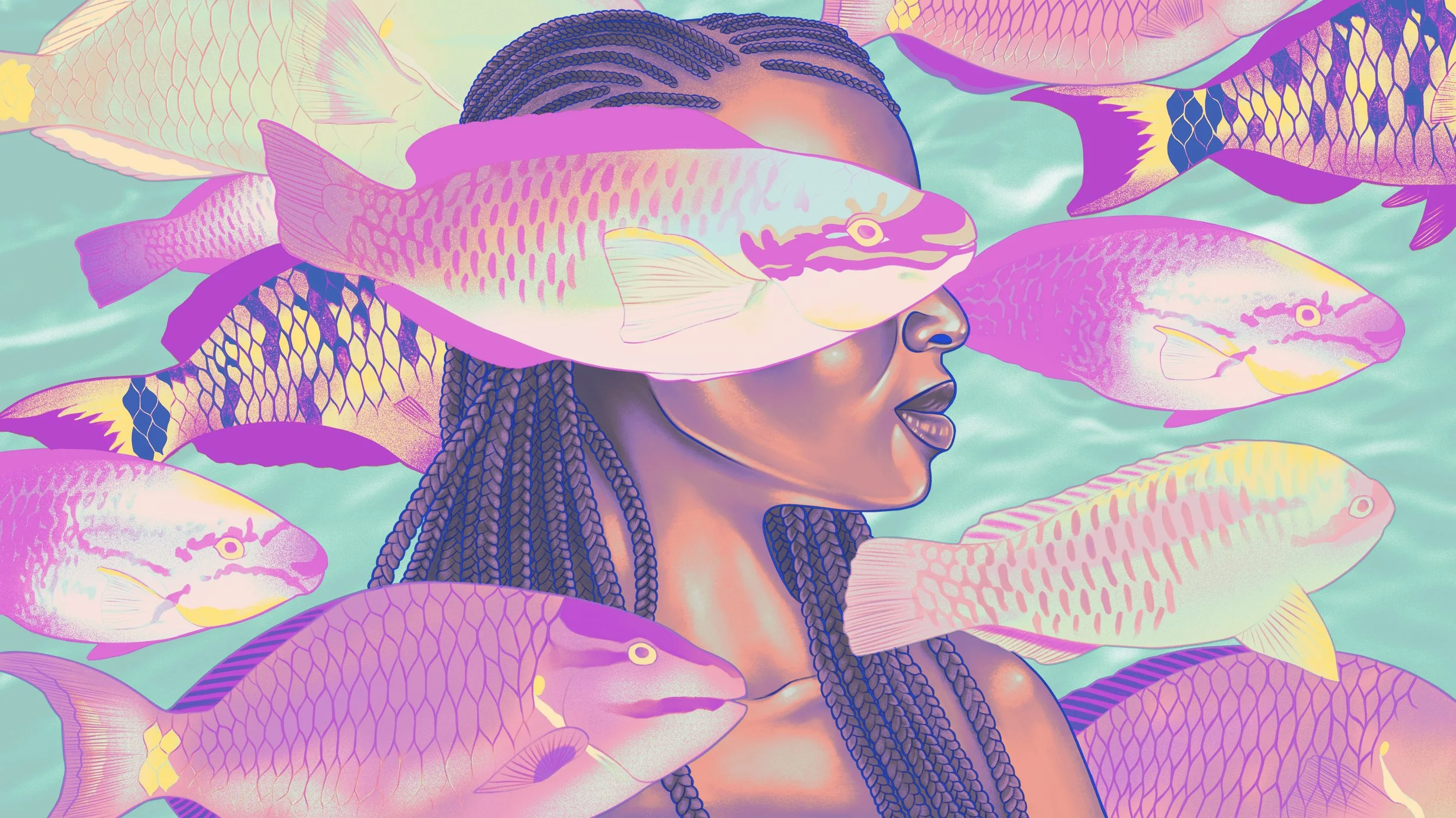 A profile view of a woman with braided hair amongst a school of parrotfish