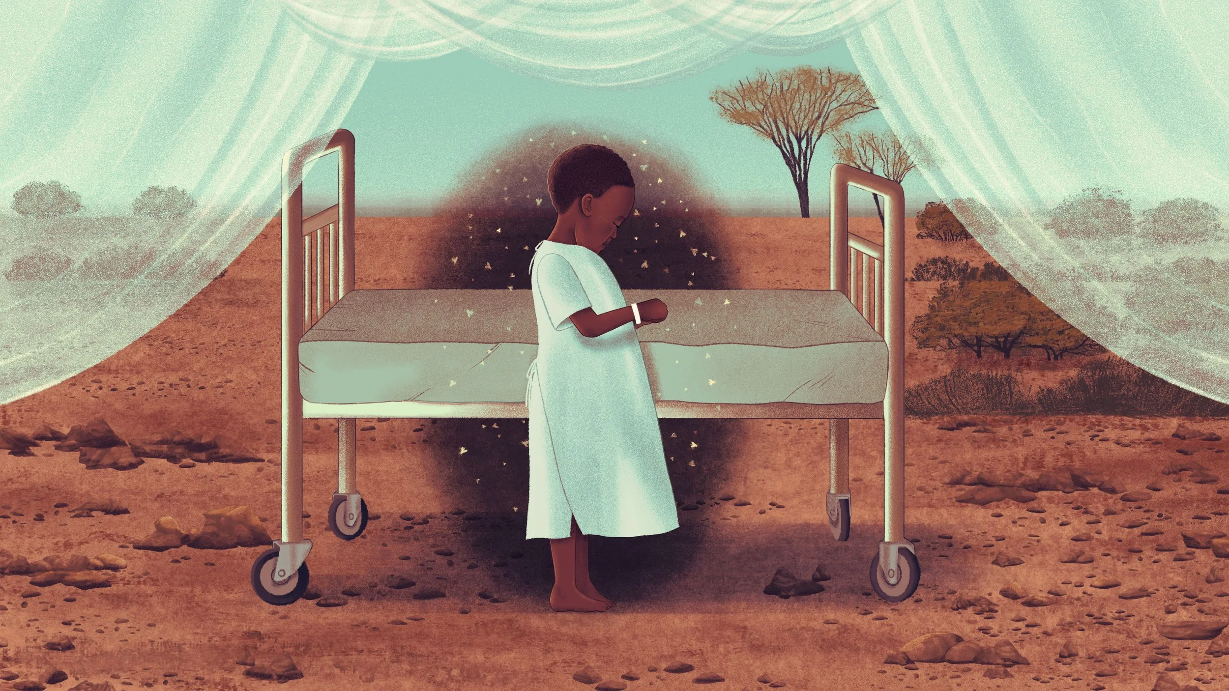 a little girl in a hospital gown standing in front of a hospital bed in a desert scene