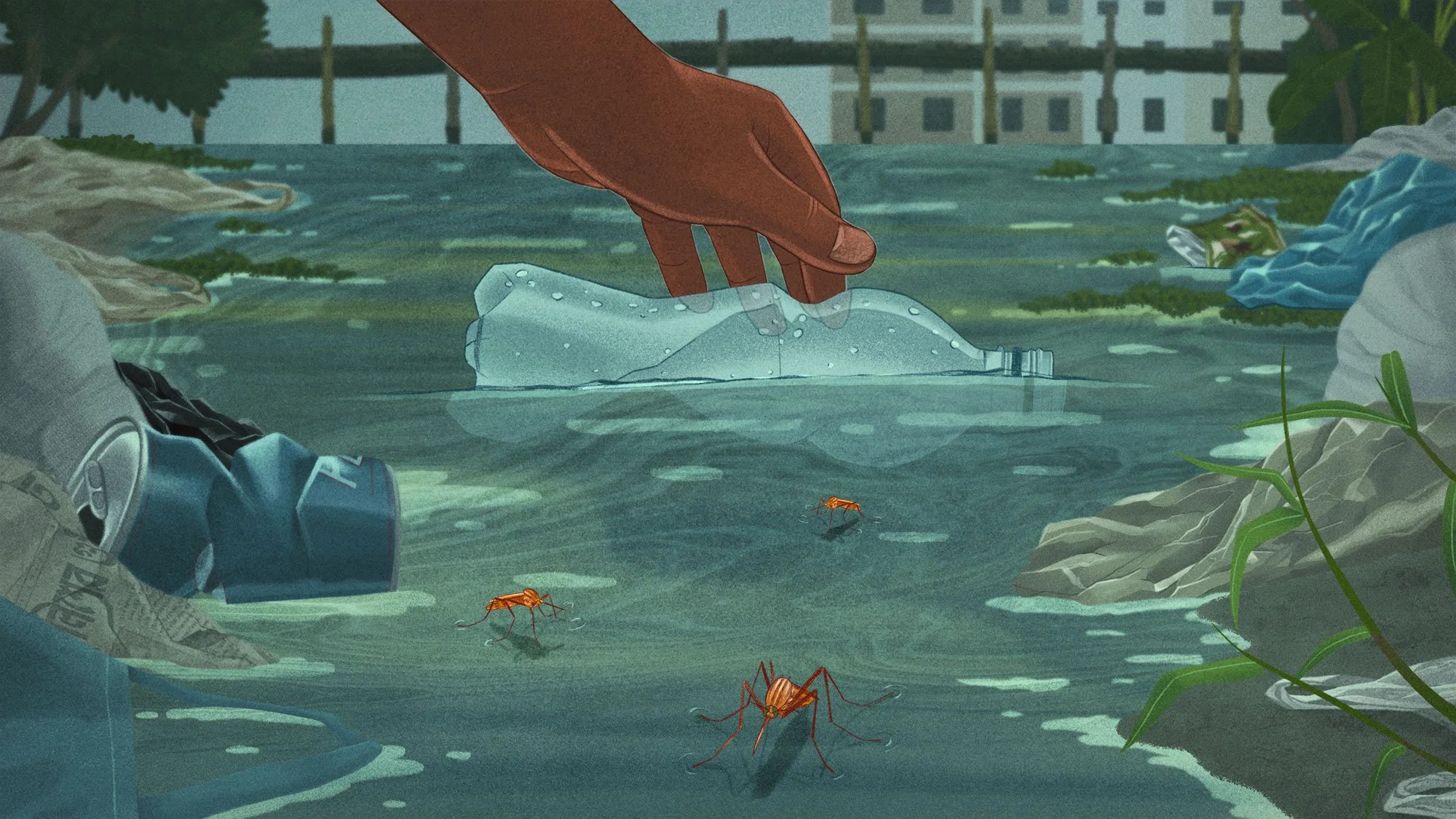 A hand reaching to pick up a discarded plastic bottle in a river filled with trash and mosquitoes