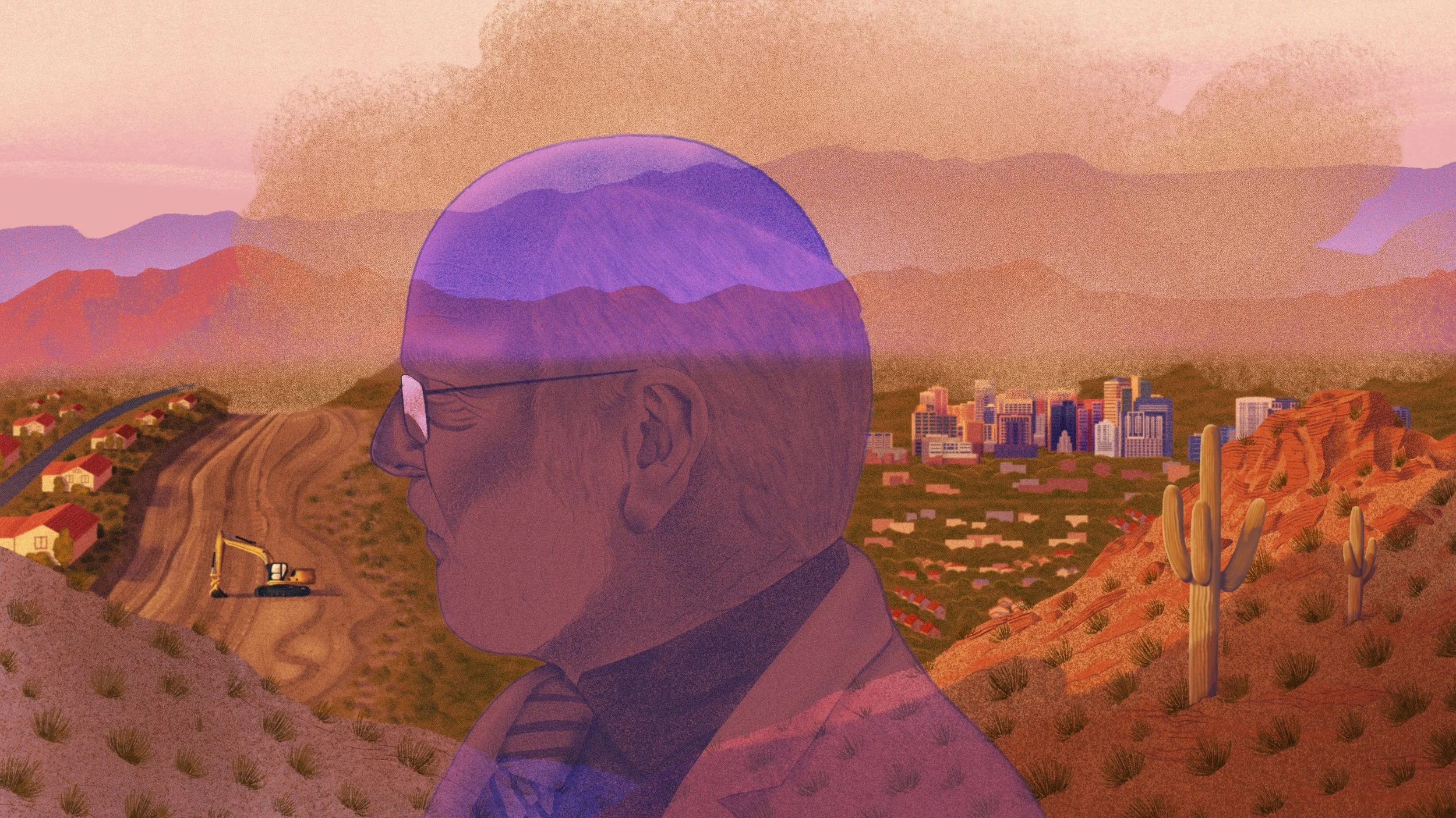 profile view of a man rendered in purple colors in front of a desert scene