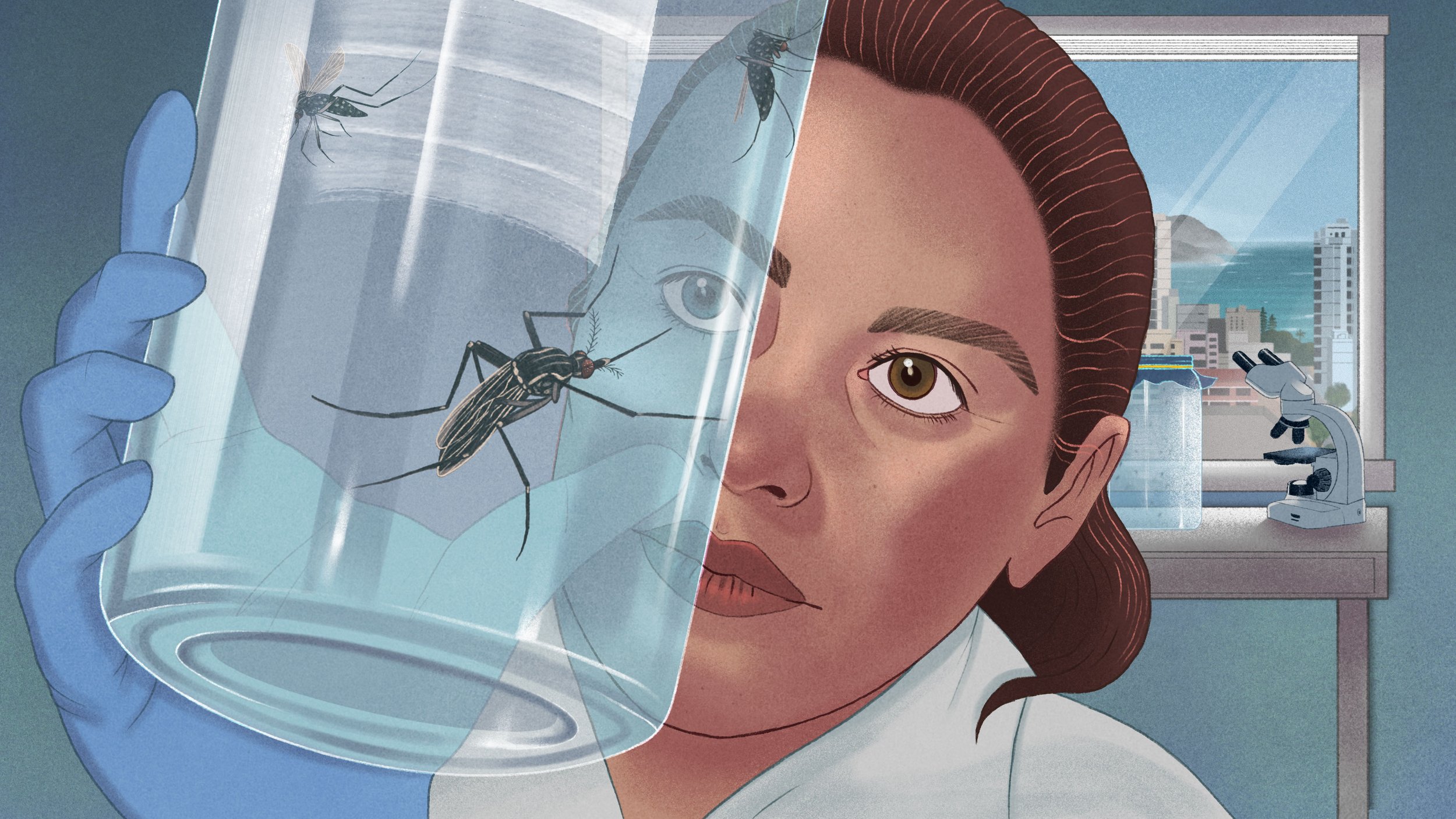 A woman holding a jar of mosquitoes up to her face in a laboratory