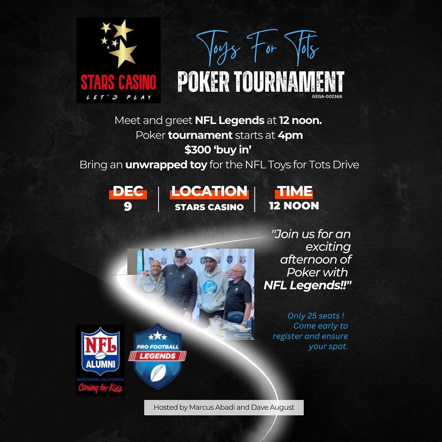 ⭐️ Sign up in person tomorrow 12/9 for our NFL Aimmi x Toys For Tots 1st Annual Toy Drive &amp; Poker Tournament at Stars Casino in Tracy!!

Meet and greet starts at noon on Saturday, Dec. 9th, and the tournament starts at 4pm.

Bring unwrapped toys 