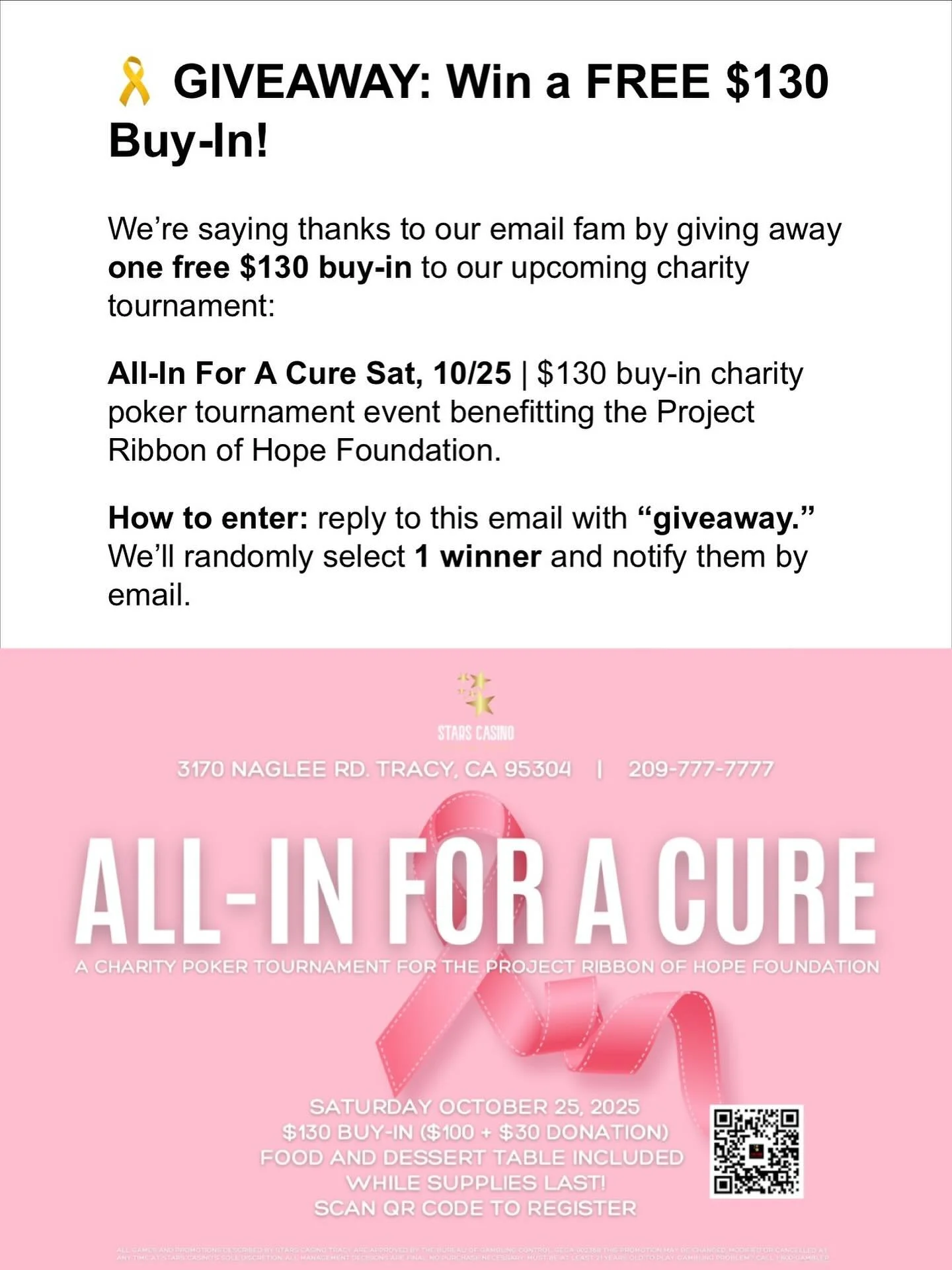 🎗️ IT&rsquo;S GIVEAWAY TIME! 🎗️
 If you missed our email, we&rsquo;re giving away one FREE $130 buy-in to our upcoming charity poker tournament, All-In For A Cure, happening Friday, 10/25 at Stars Casino.
To enter:
 💬 Comment &ldquo;giveaway&rdquo
