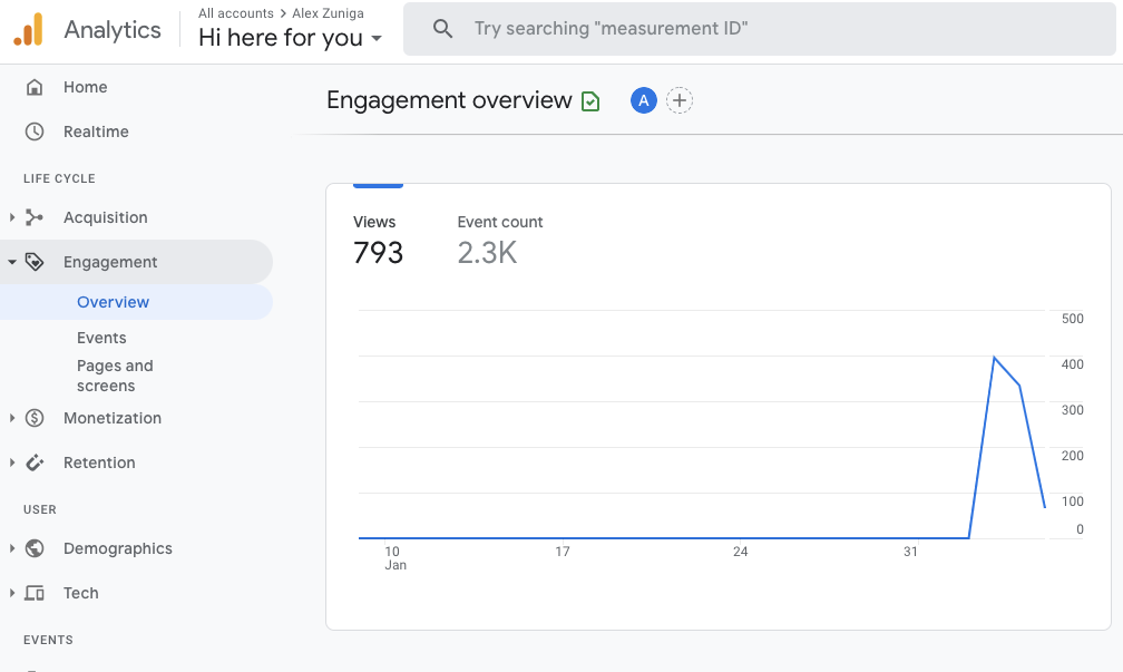 Screenshot of google analytics, once we went live and shared with our networks