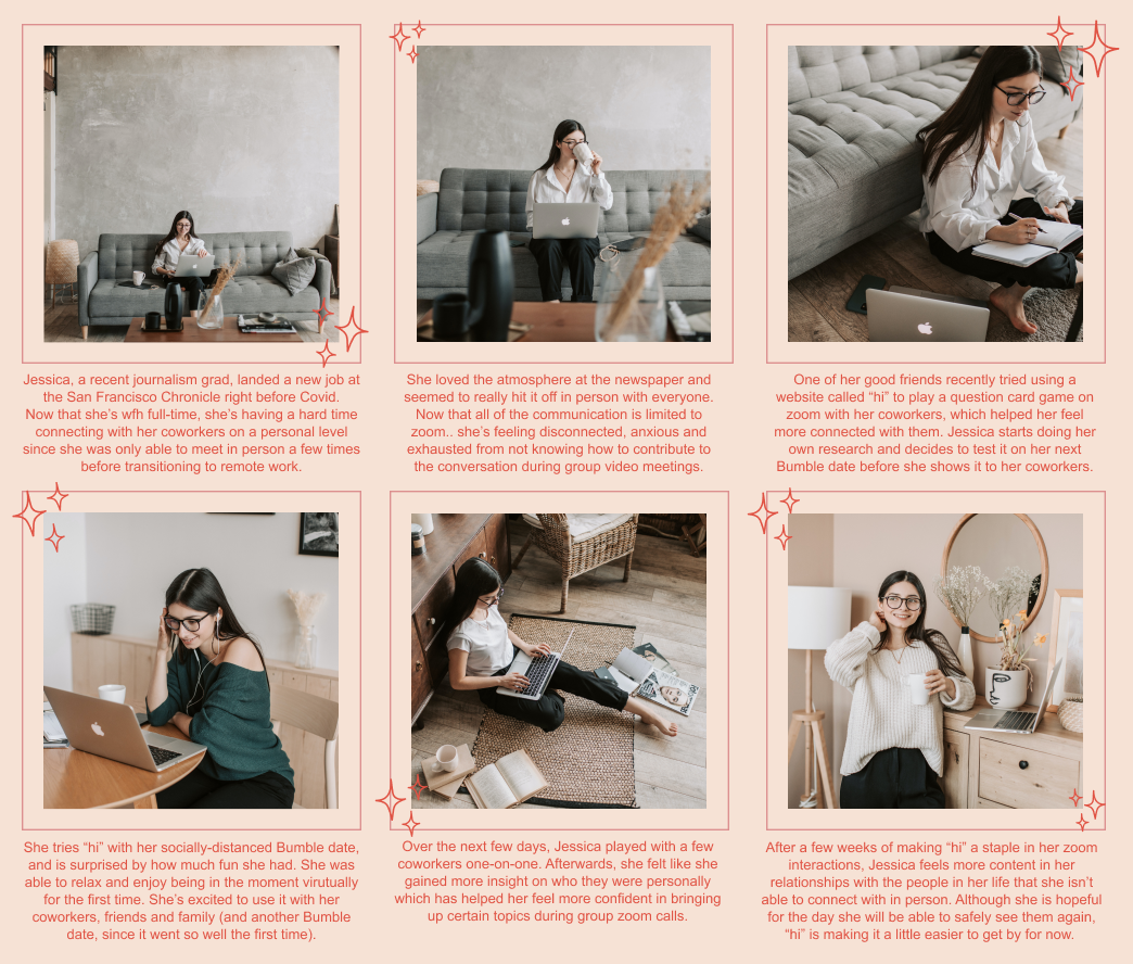 Story board that follows our persona jessica as she navigates to the site, Hi!