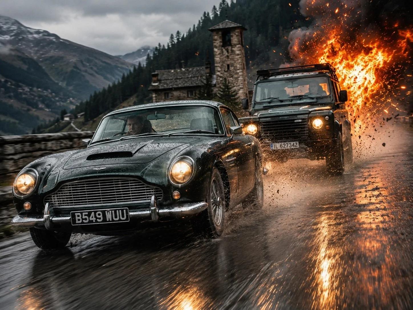 A vintage black sports car and a black off-road vehicle racing on a wet mountain road, with an explosion in the background.