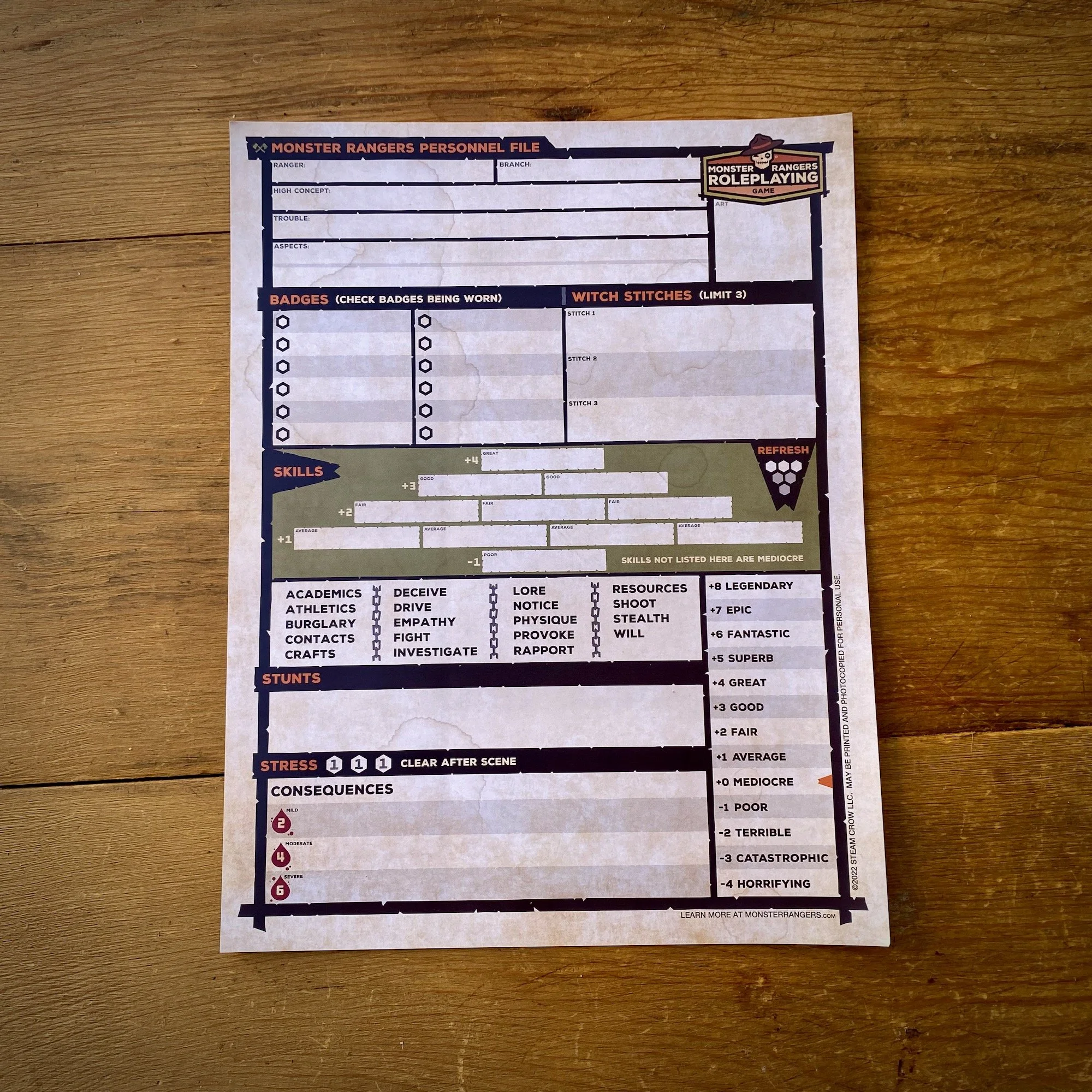Monster Rangers RPG Printed Character Sheets