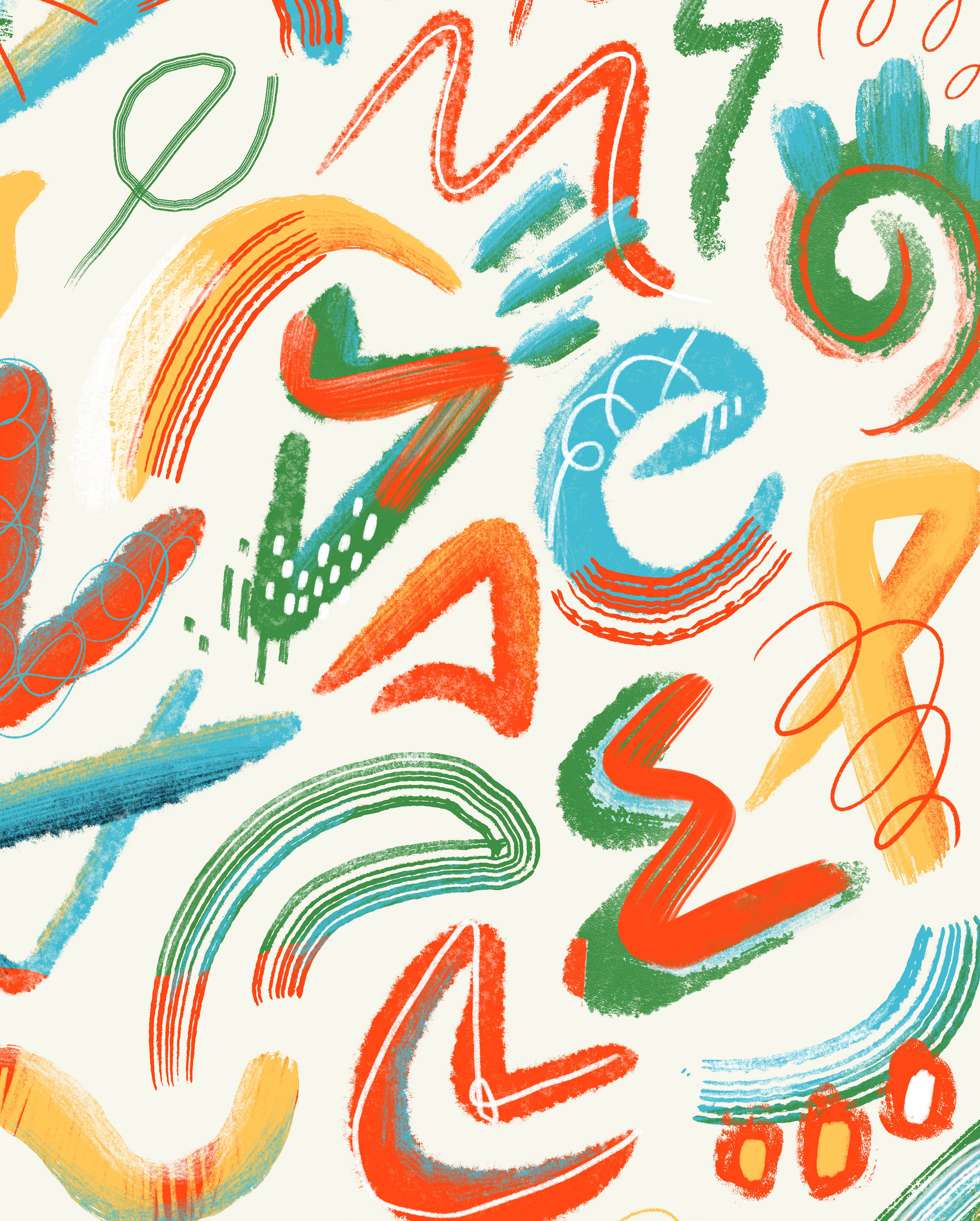 Colorful abstract doodles of numbers and lines in red, green, blue, orange, and yellow on a light background.