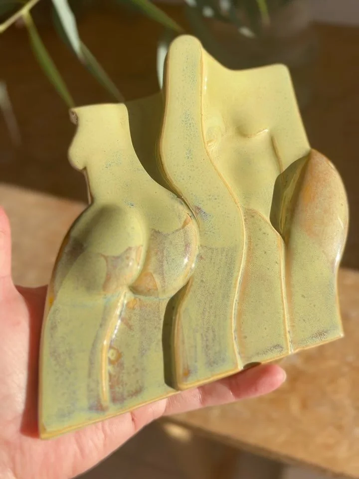 Some of the latest glaze tests for the Feminine Tiles just came out of the kiln and I&rsquo;m obsessed with this soft lichen green! Earthy, muted and textural 😍💛 This part of the process feels like alchemy, from rich dark browns to dusty pinks! I&r