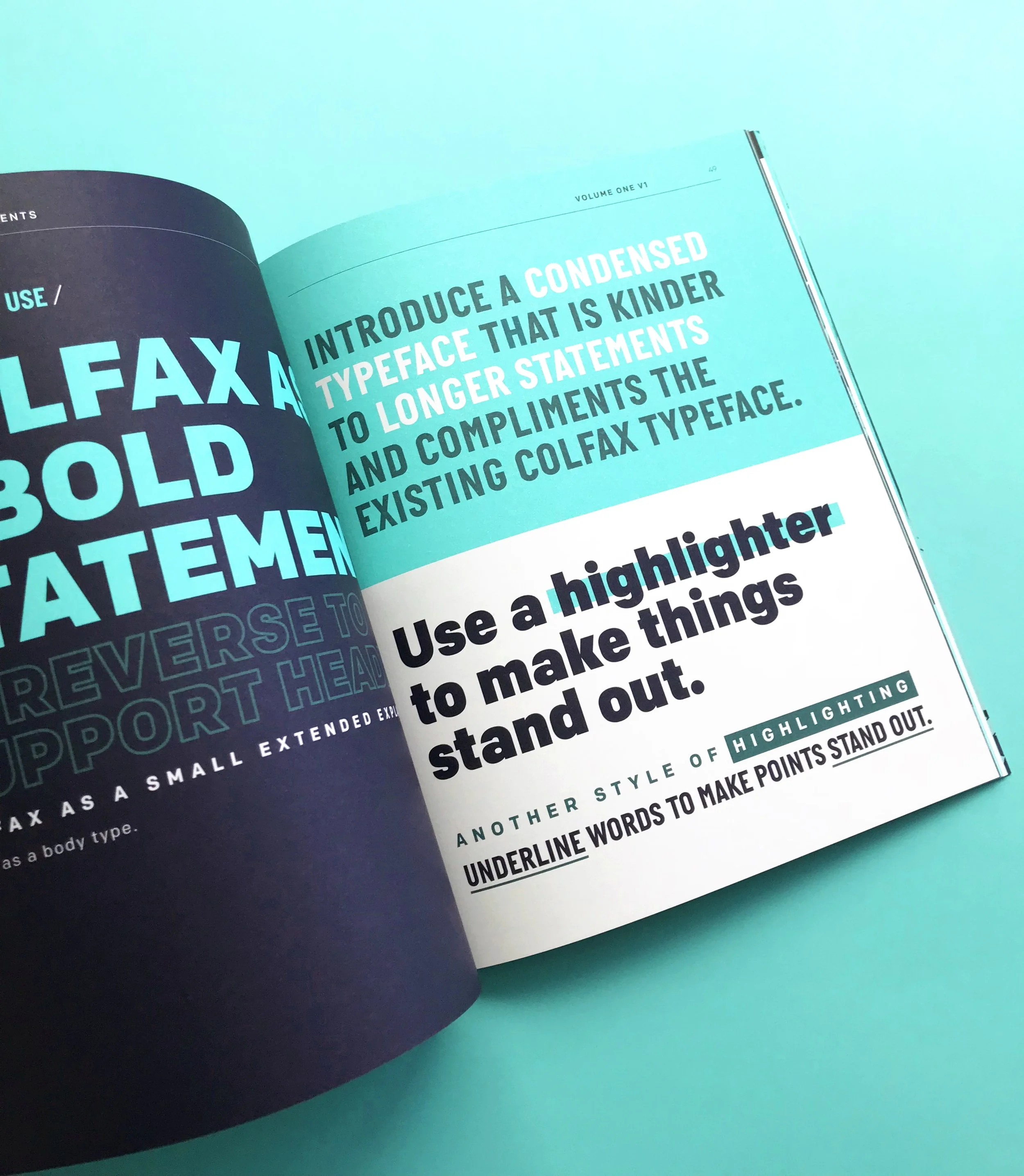 Open book page with a bright blue background, displaying typography tips, highlighting, and instructions for making text stand out with bold, underlined, and highlighted words.