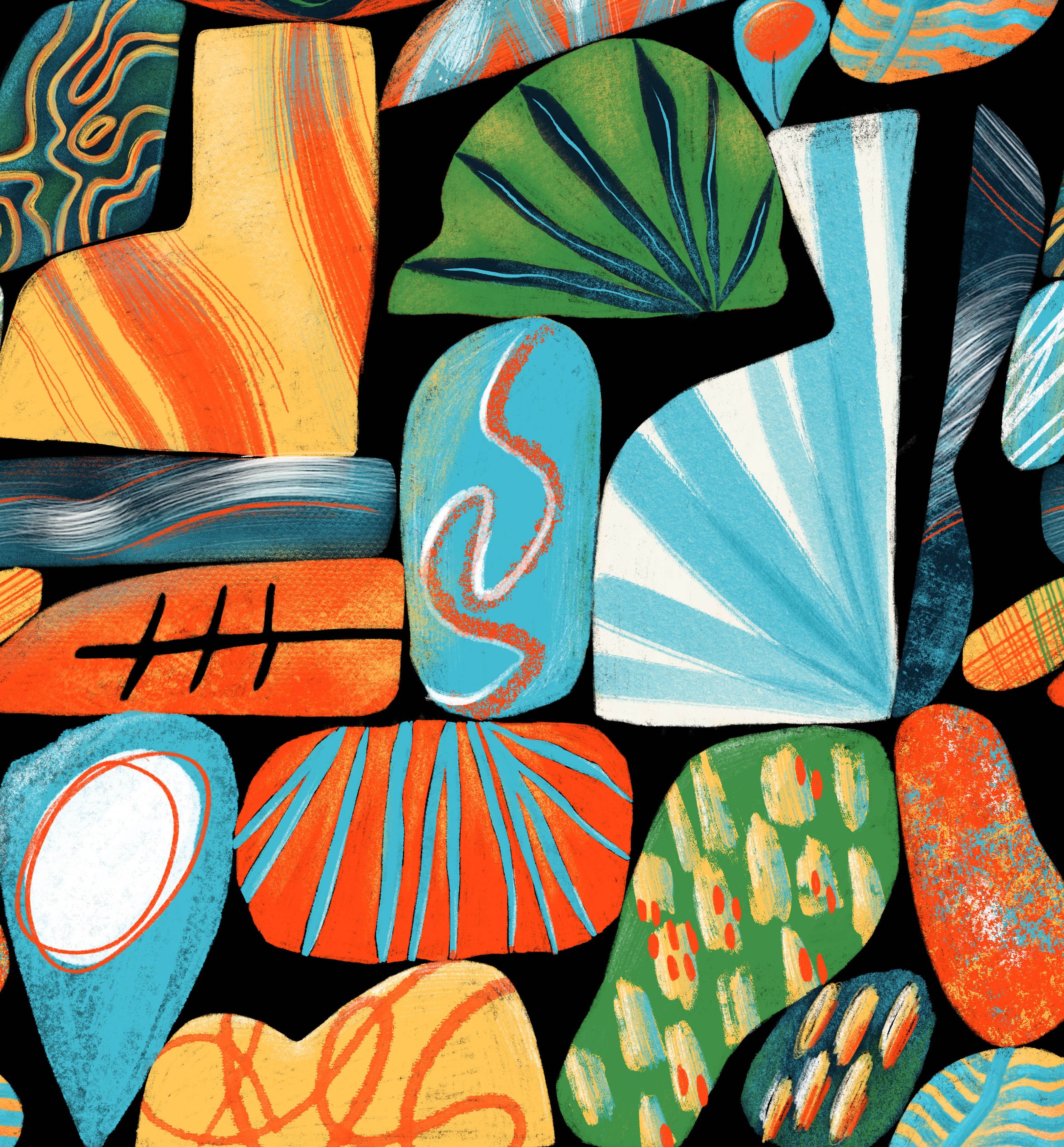 Colorful abstract pattern with various shaped stones and leaves in shades of green, orange, blue, yellow, and white on a black background.