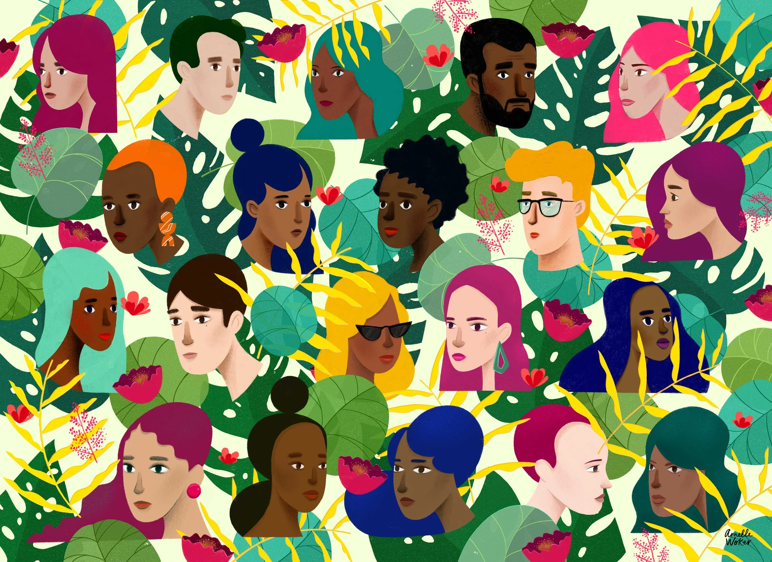 A colorful illustration of diverse women and men with various hair colors and styles, surrounded by tropical leaves and flowers.