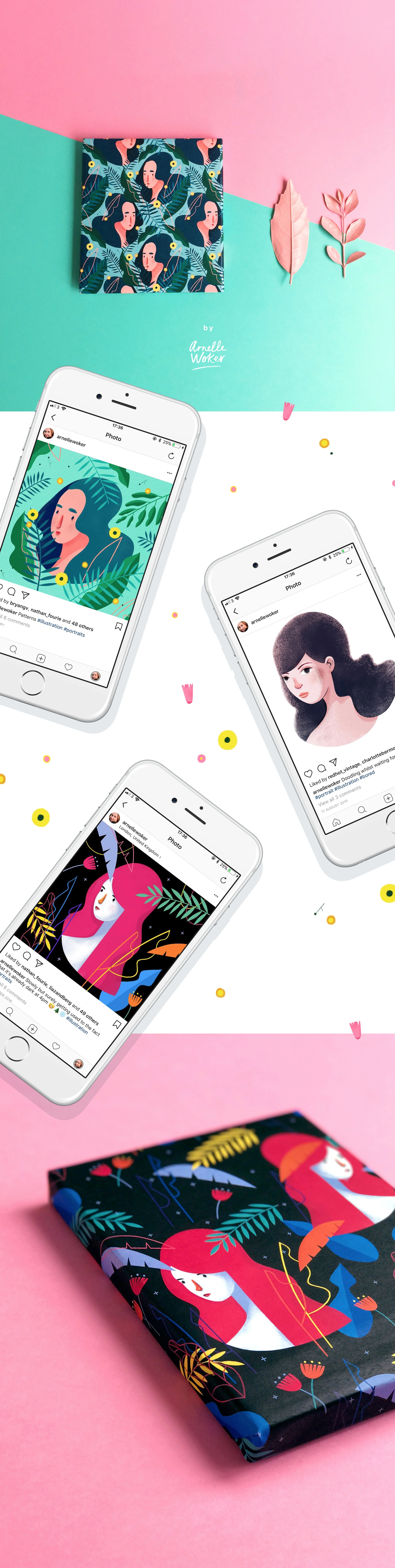 A flat lay of illustrated notebooks and three white smartphones displaying artist-style portraits of women, with pink and teal backgrounds and scattered small yellow and pink dots.