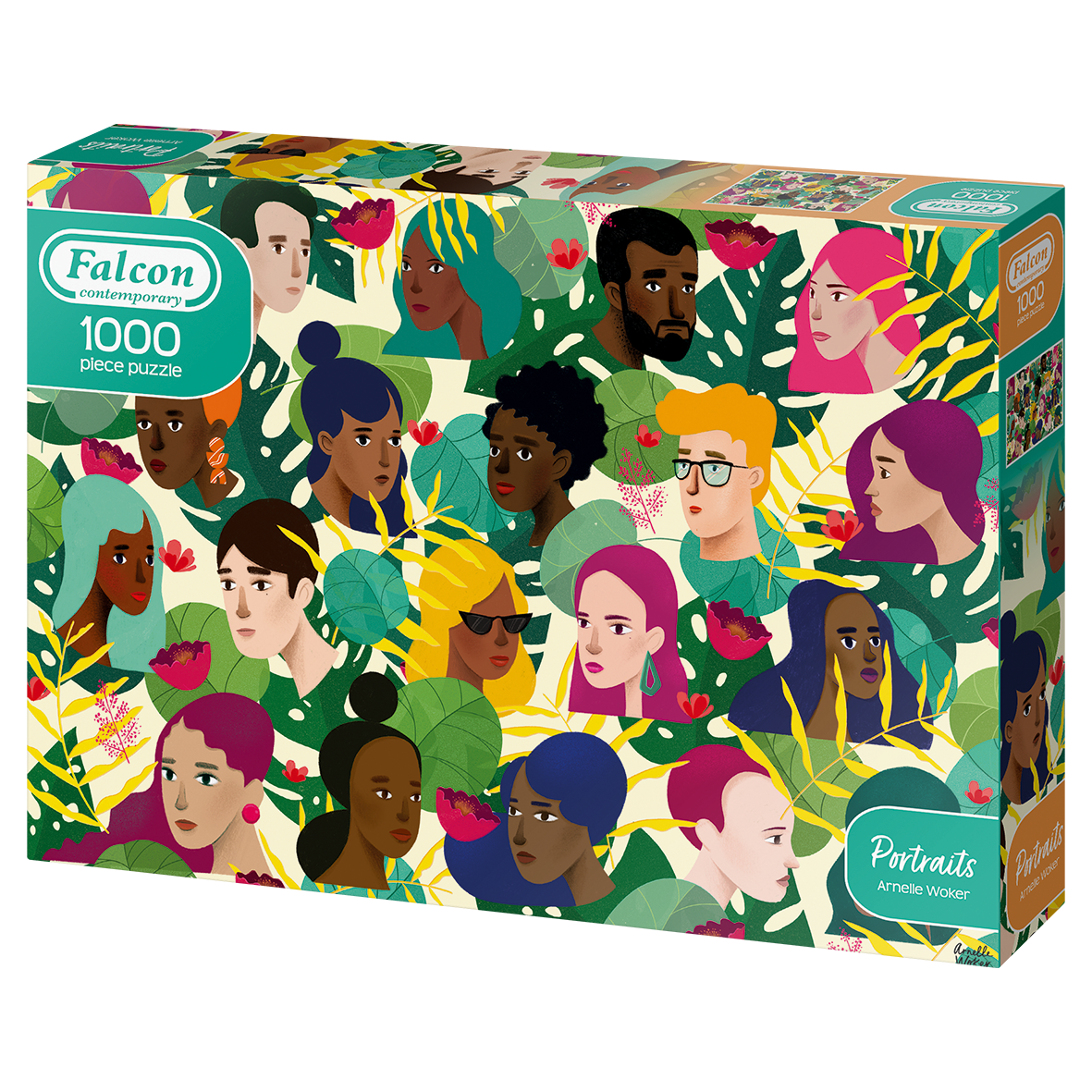 Puzzle box cover featuring illustrations of diverse portrait faces surrounded by tropical leaves and flowers, with text indicating a 1000-piece puzzle titled 'Portraits' by Arnelle Woker.