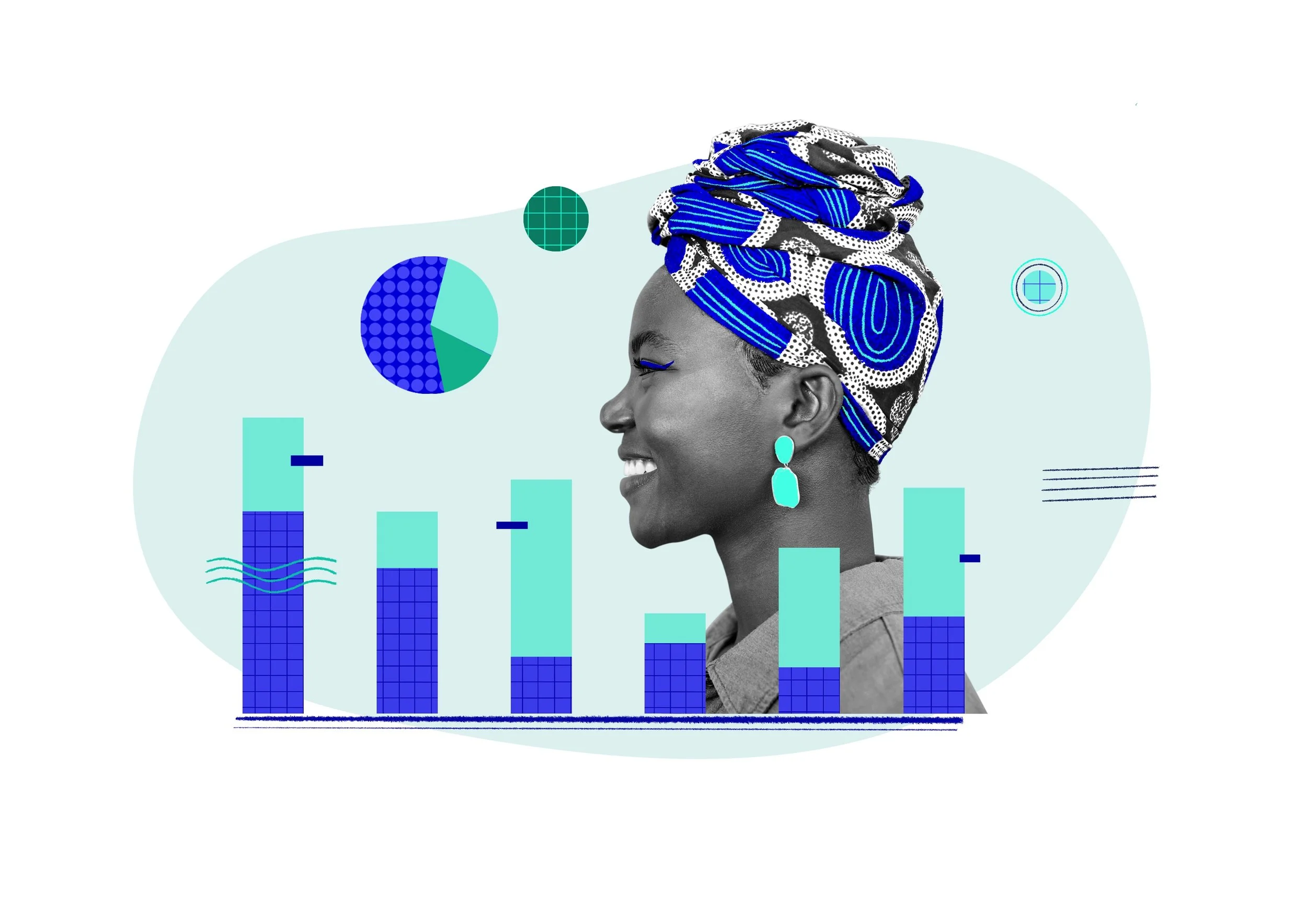 A colourful bold infographic of a woman wearing a colourful head scarf, surrounded by pie charts and bar graphs. 