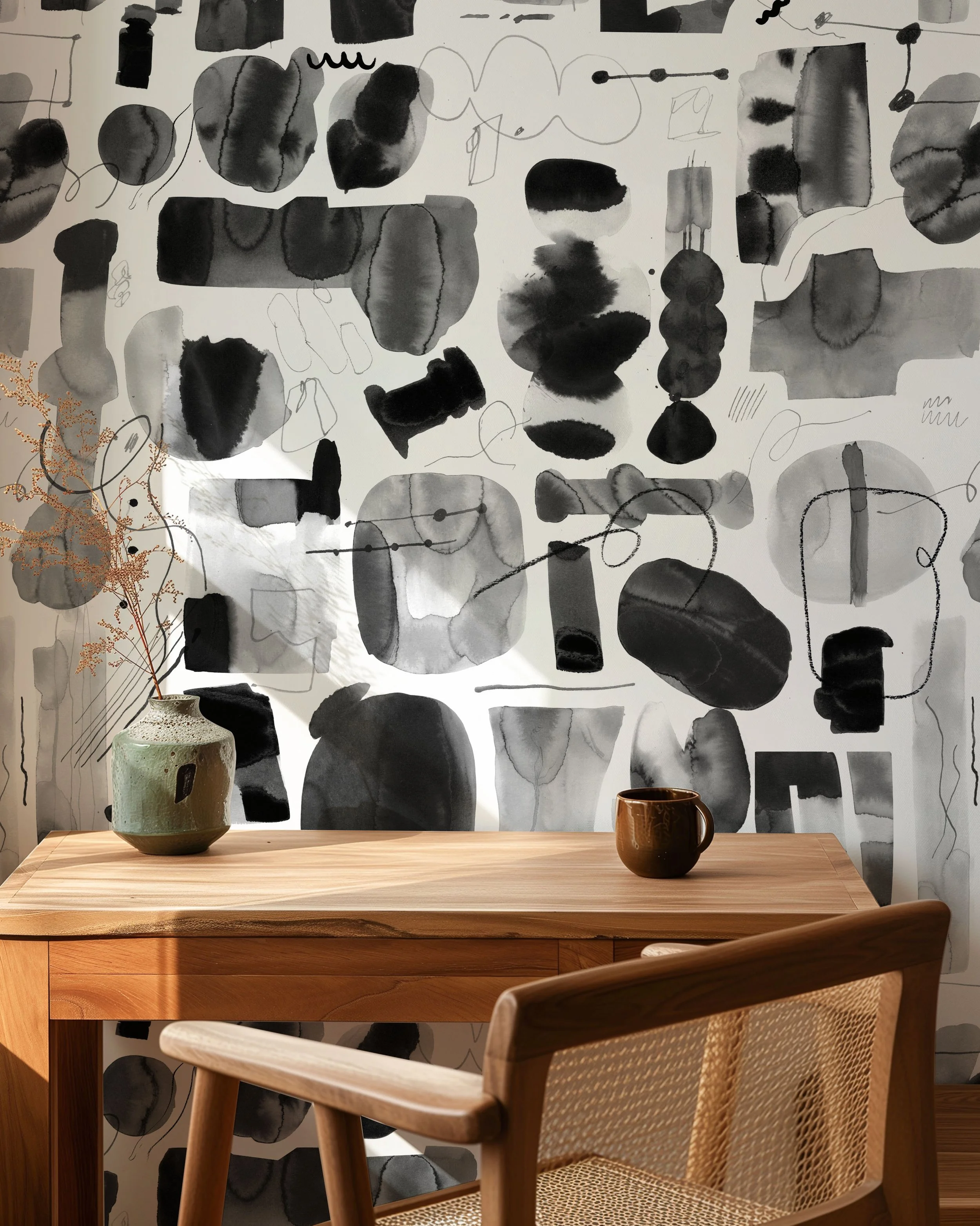 A wooden table with two ceramic vases, one large green and one small brown, against a black and white abstract wall art backdrop.