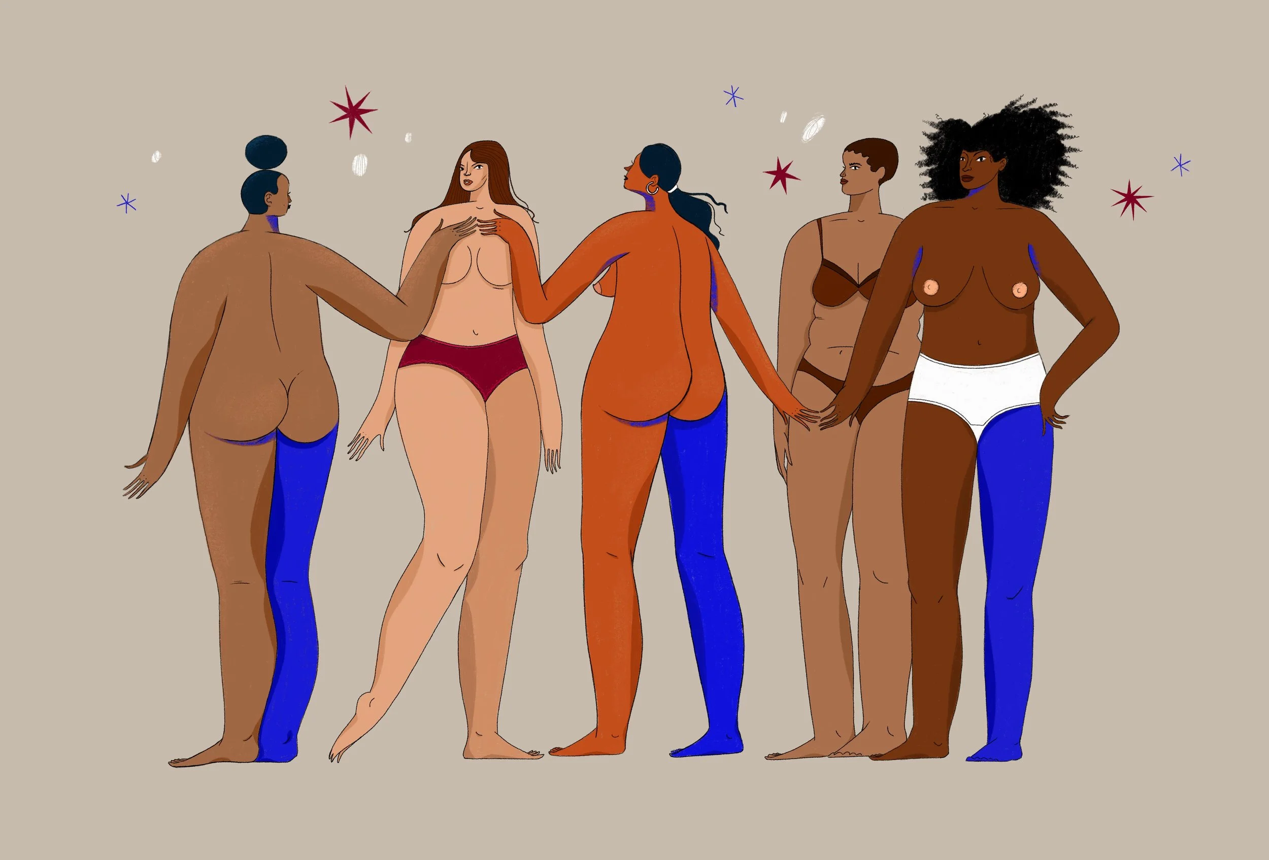 Illustration celebrating women in diverse shapes and skin tones, rendered in bold, expressive colour.