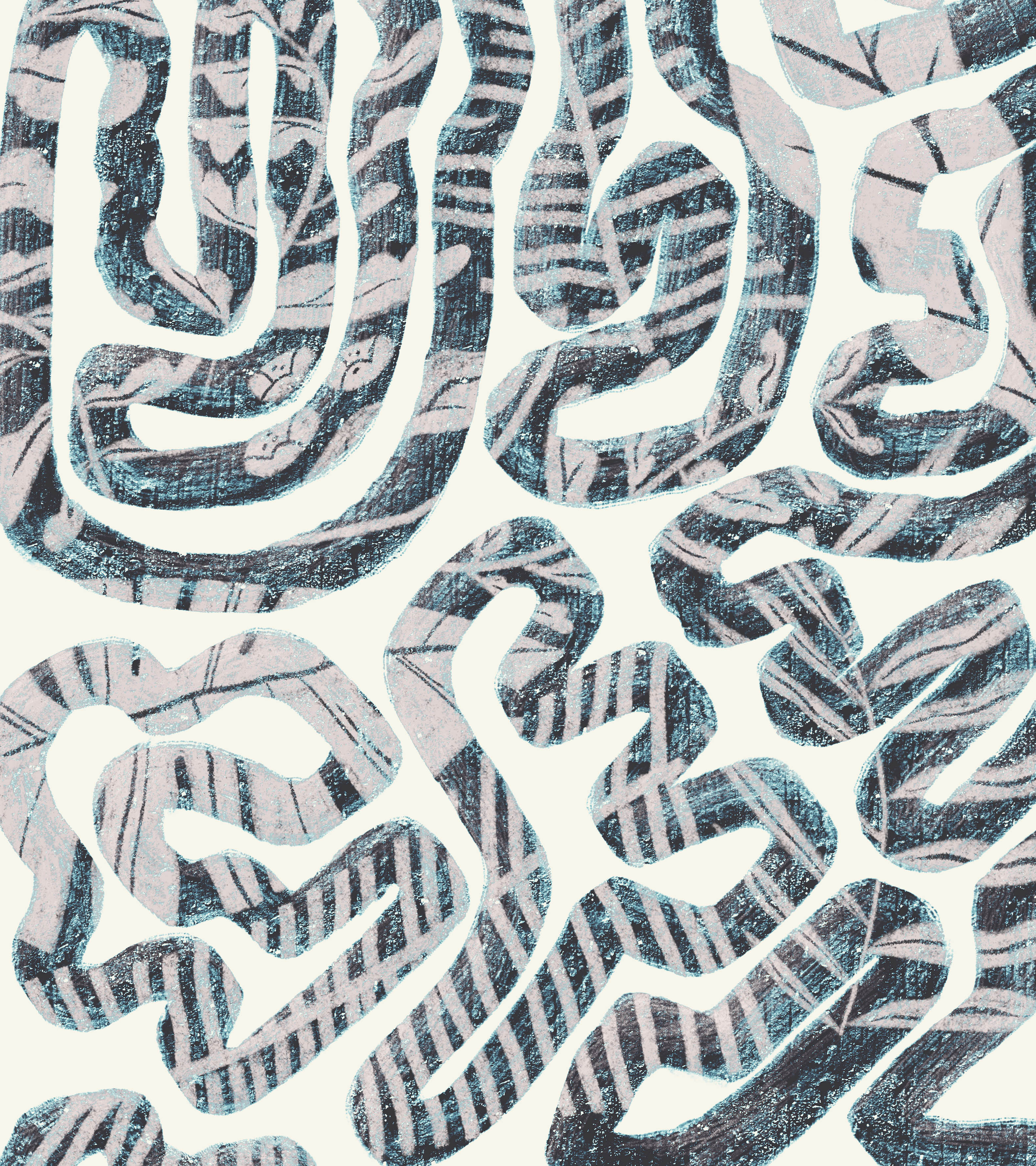 Close-up of an abstract artwork with swirling lines and patterns in shades of blue, gray, and black on a light background.