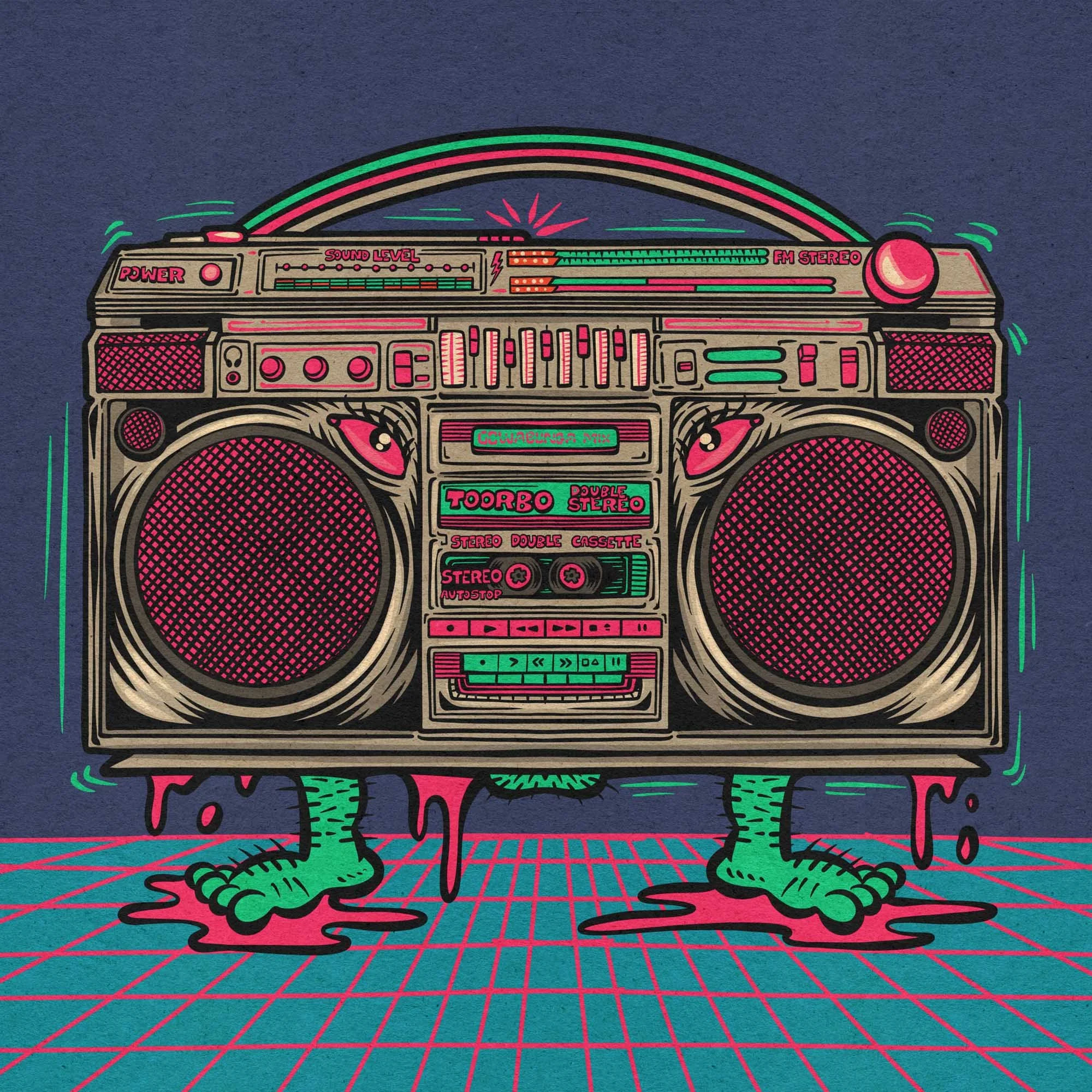 80s style cartoon illustration of a boombox radio monster