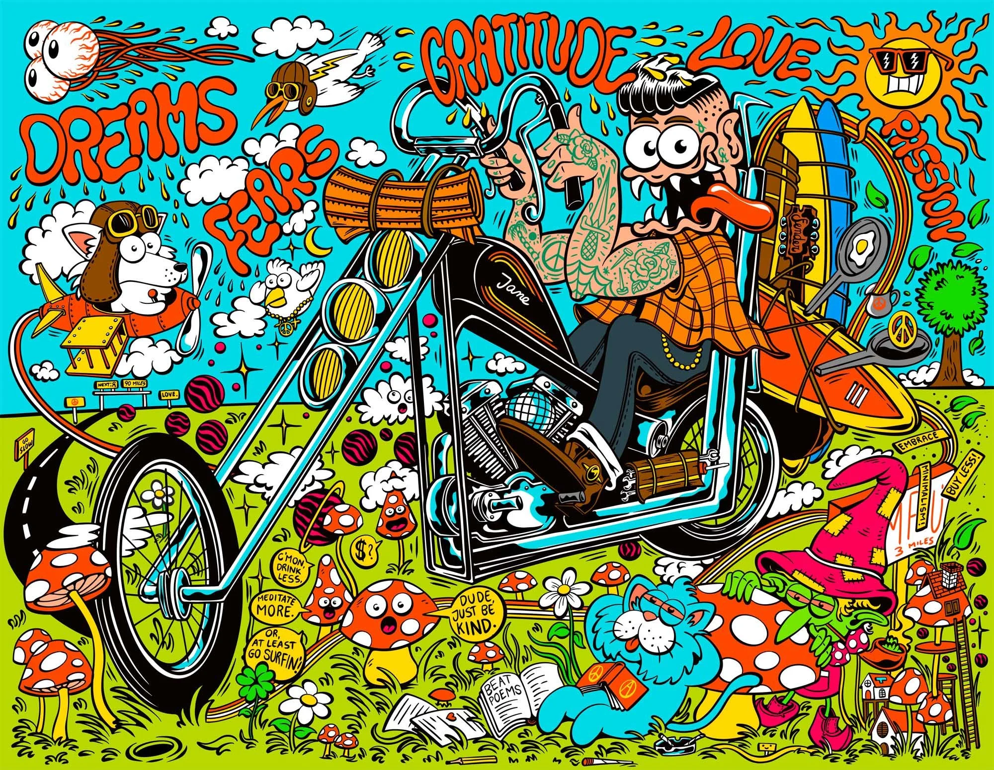 insanely detailed cartoon illustration of a tattooed guy with a flannel shirt and blue jeans riding a frisco style chopper with long fork and a bunch of surfboards tied on the sissybar, while surrounded by mushrooms yelling at him, a stoned blue cat 