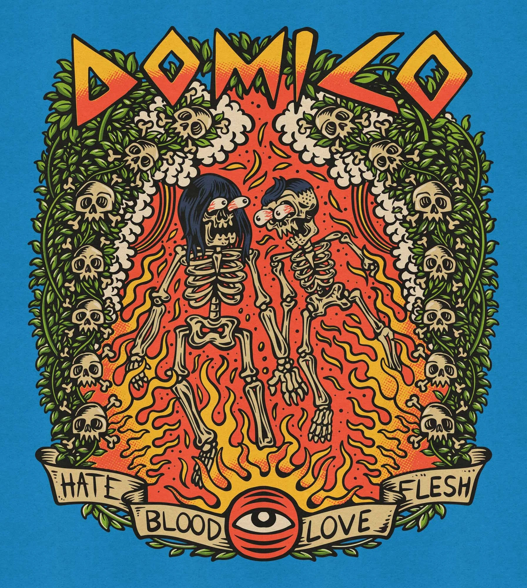 cover artwork for the musicians Domico, an alternative rock band from Tokyo, picturing two skeletons inside a buddhist frame made of vines, leaves and skulls, with fire on the inside and a bold text on top 