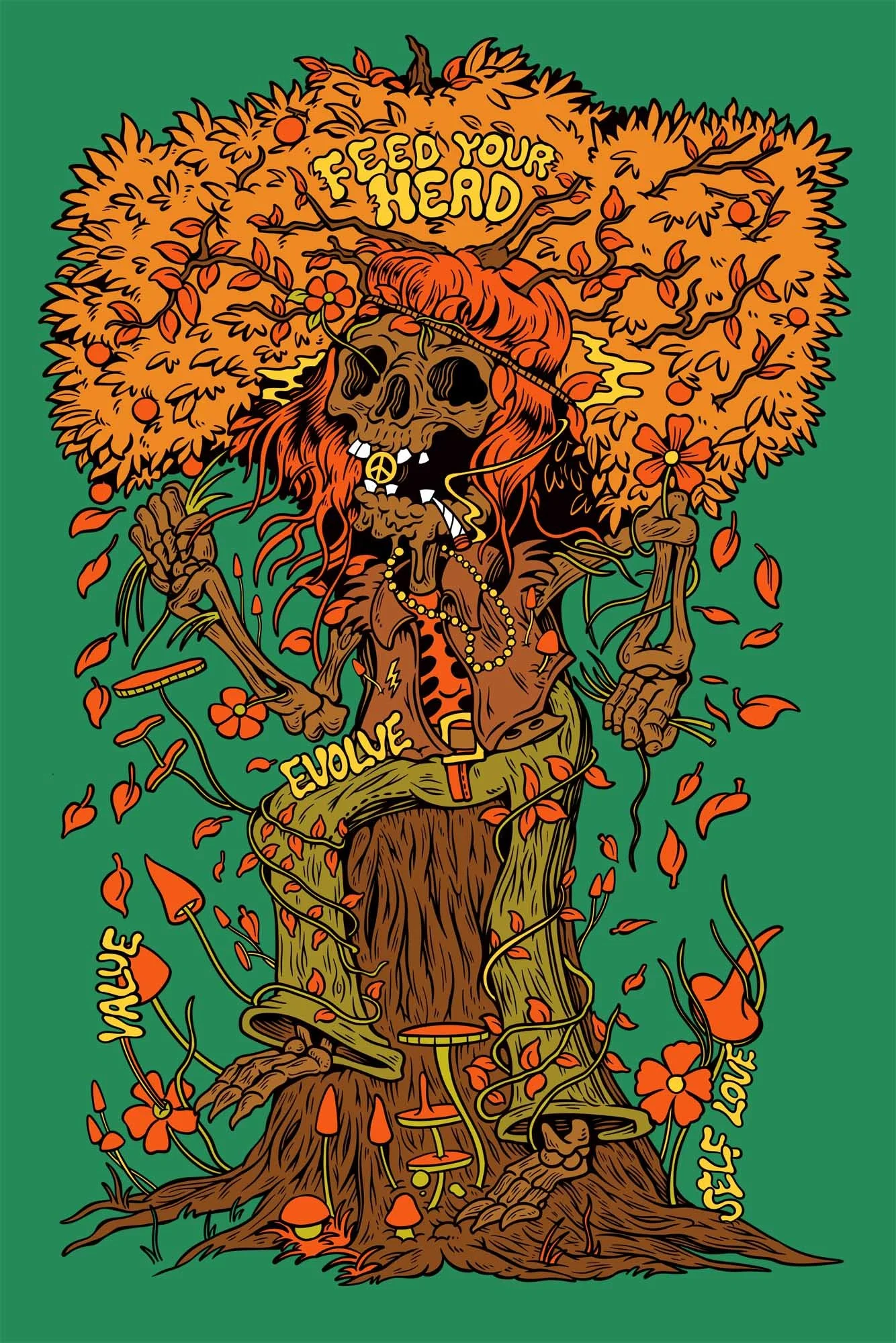 cartoon dark illustration of a skeleton becoming a tree. The scene in the fall, while red leaves are coming out from the tree, and mushrooms are covering the ground and the skeleton's body