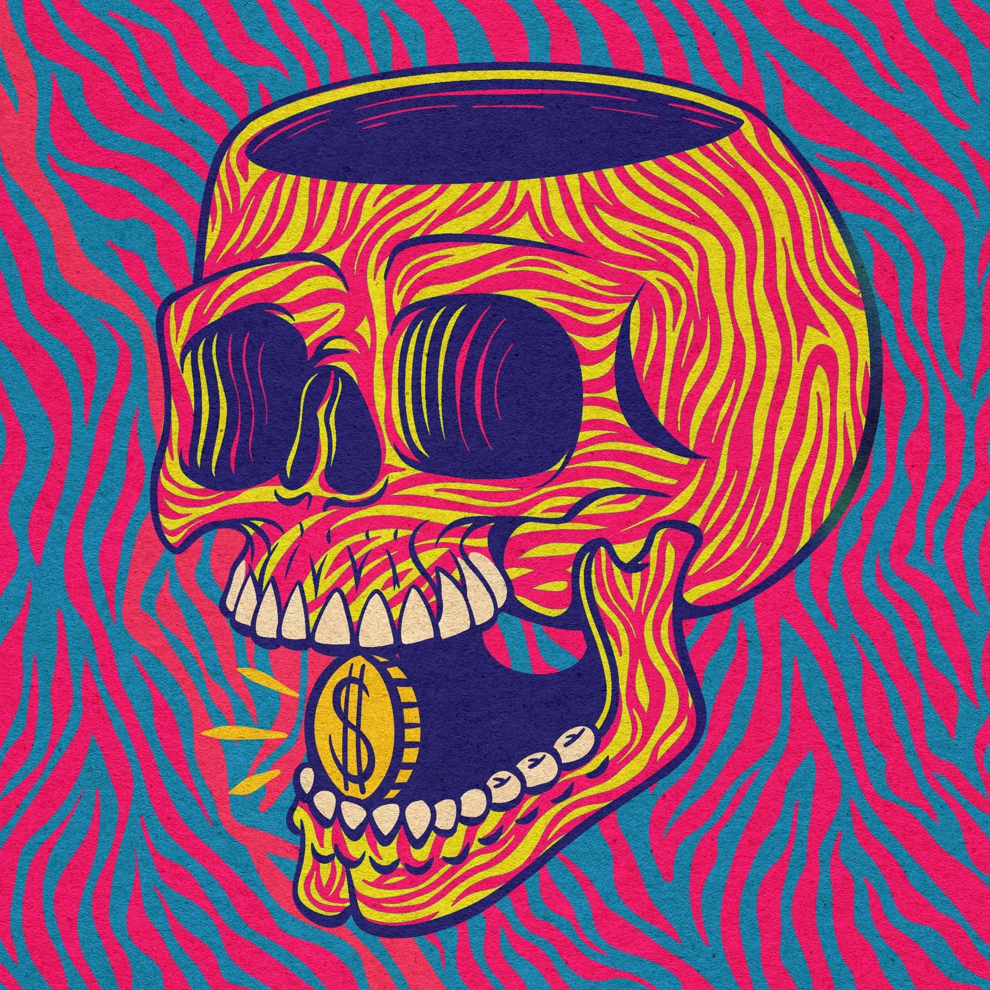 psychedelic zebra striped yellow skull holding a dollar coin in his mouth - lowbrow illustration