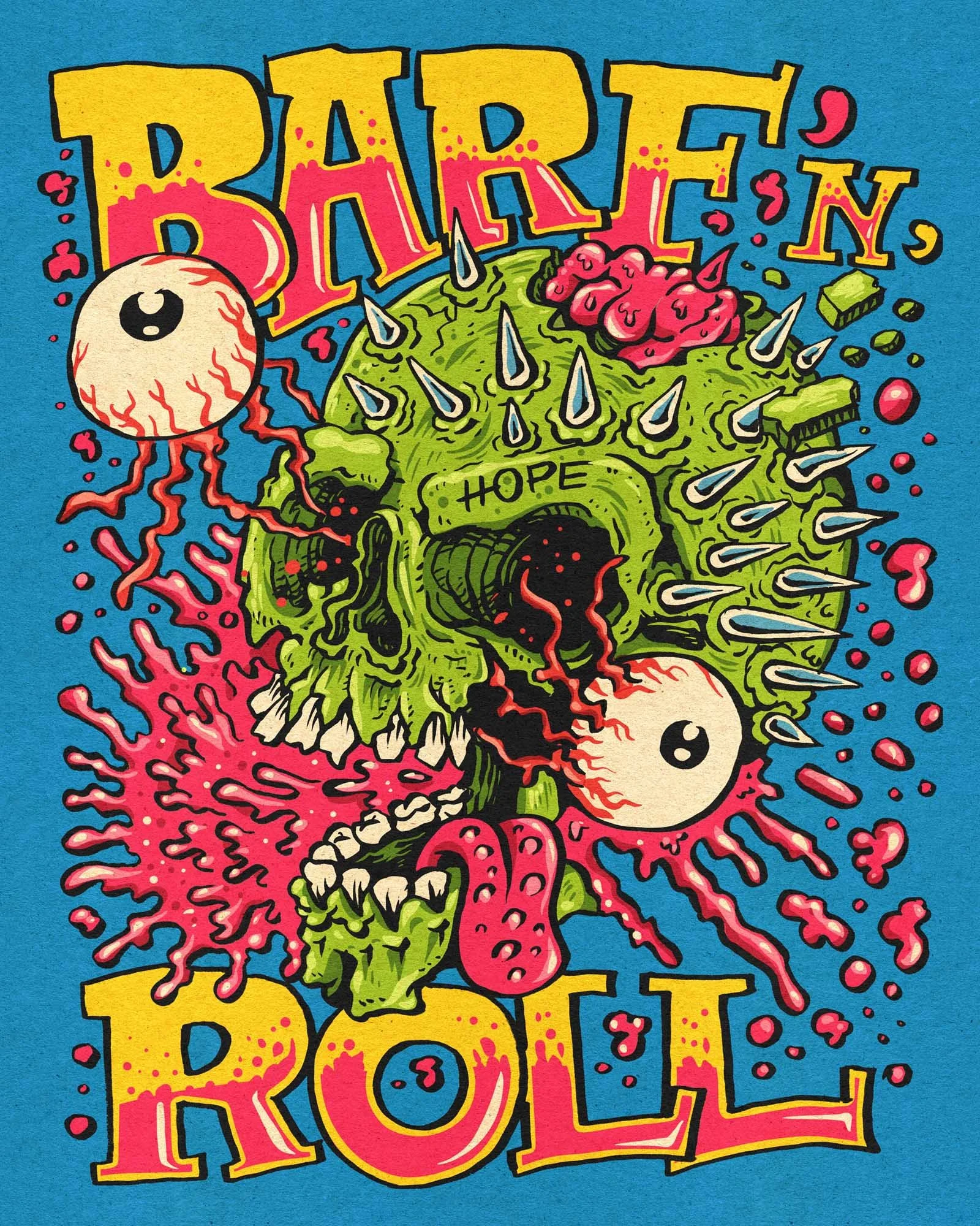 punk rock cartoon illustration of a green skull barfing red slime out