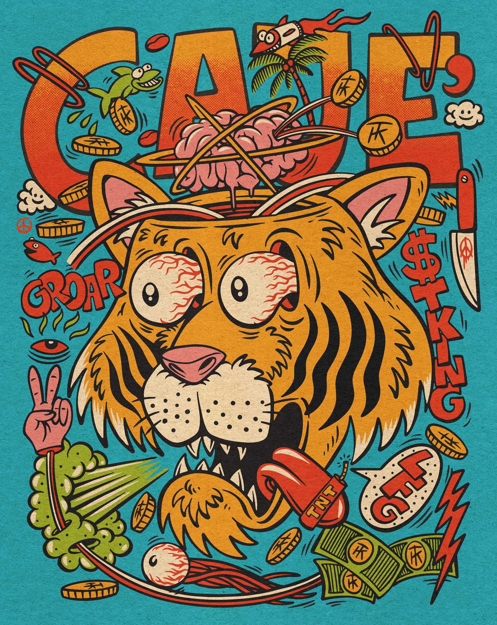illustration of a fun tiger freaking out with her brain popping out from her head, together with a bunch of coins, banknotes, palm trees and fishes. Art for Cajè Coffee santa barbara