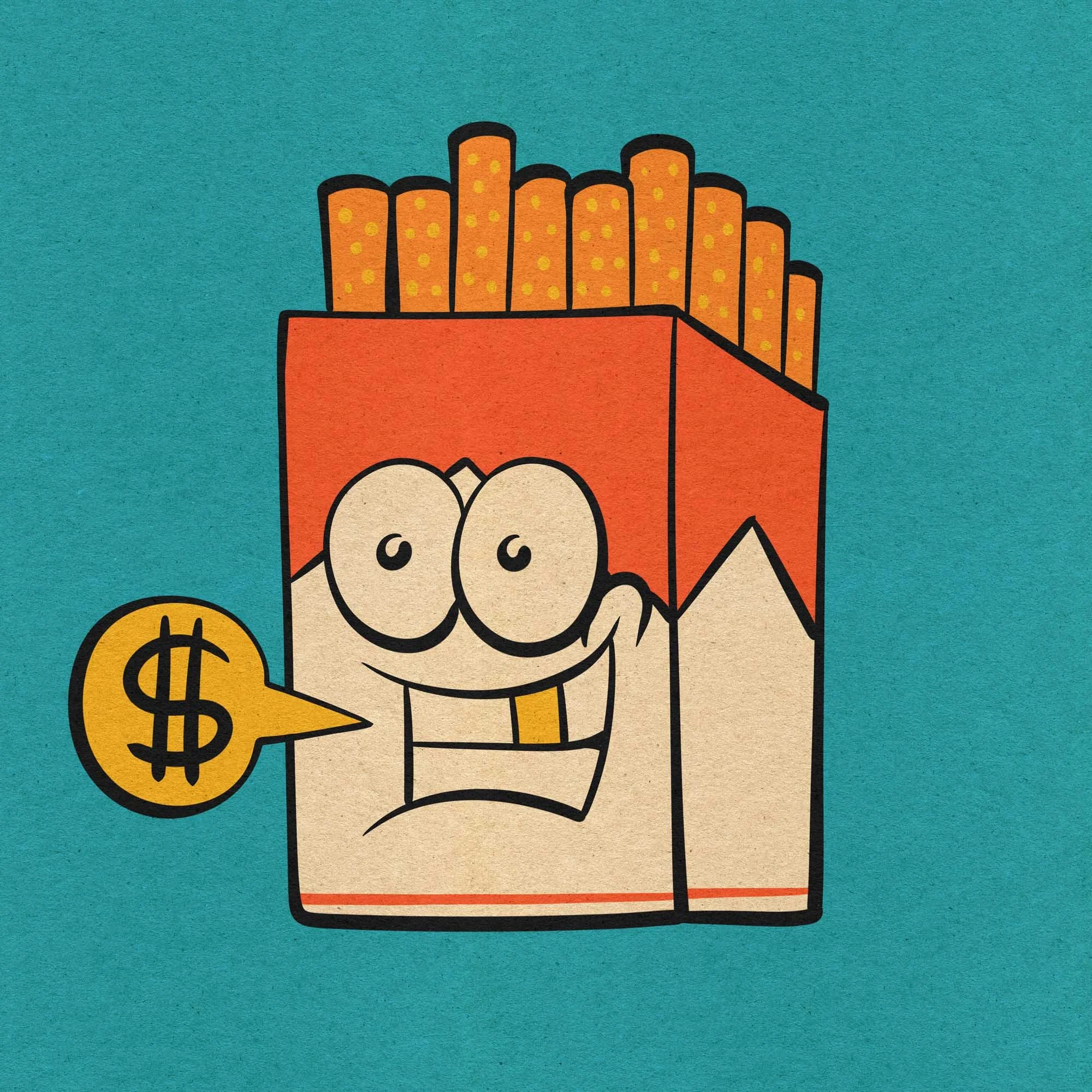 cartoon illustration of a pack of smokes smiling with a gold tooth, and a ballon with a dollar sign next to it. 