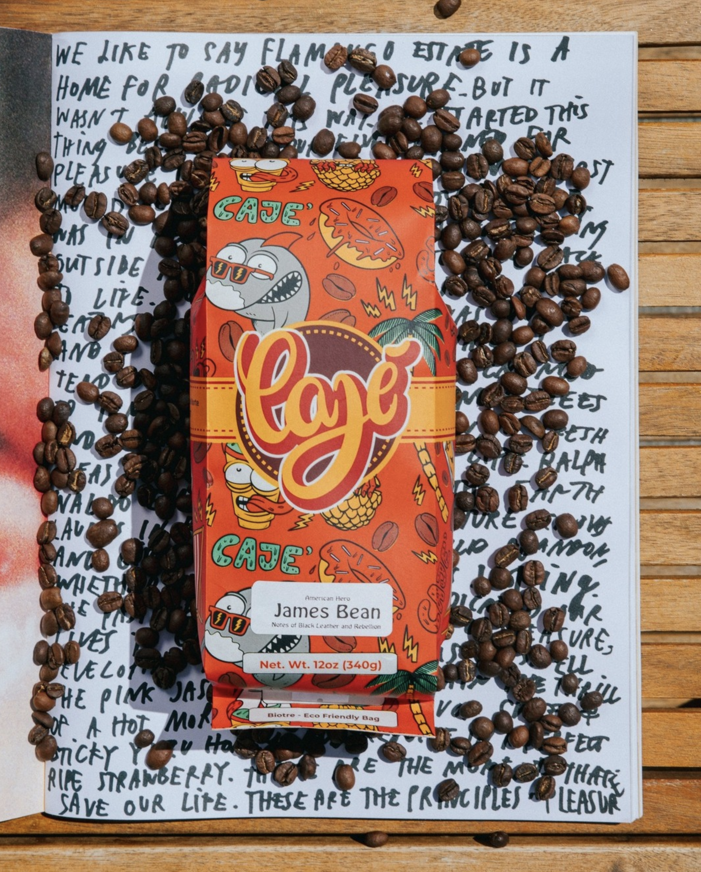coffee pack for Cajè Coffee Santa Barbara picturing a seamless vector pattern made by doodles, like donuts, sharks, pineapples, milkshakes and other elements embodying the southern california spirit