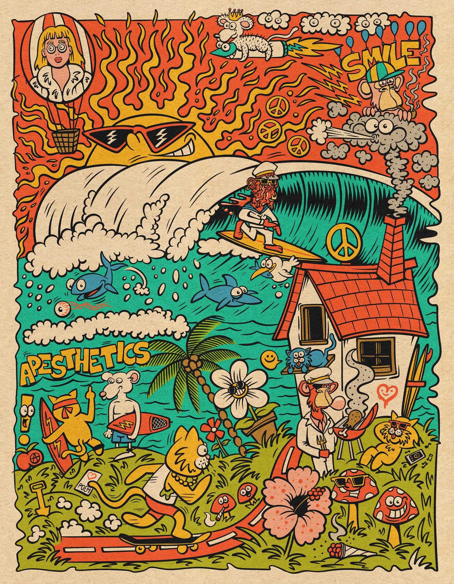 cartoon illustration of a crazy monkey riding a nice wave, in front of a beach full of rat surfers