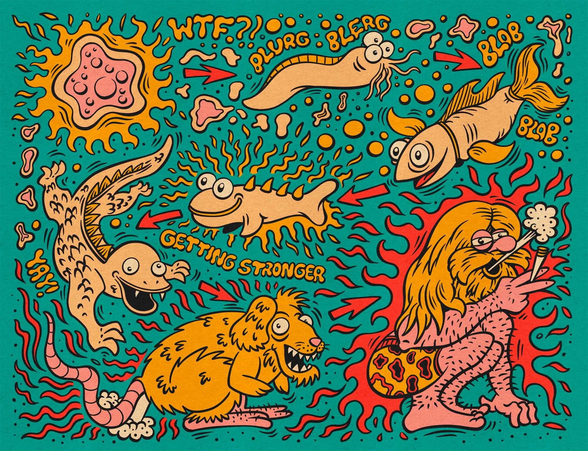 cartoon illustration of the human evolution, starting from an amoeba to a blonde man smoking a joint