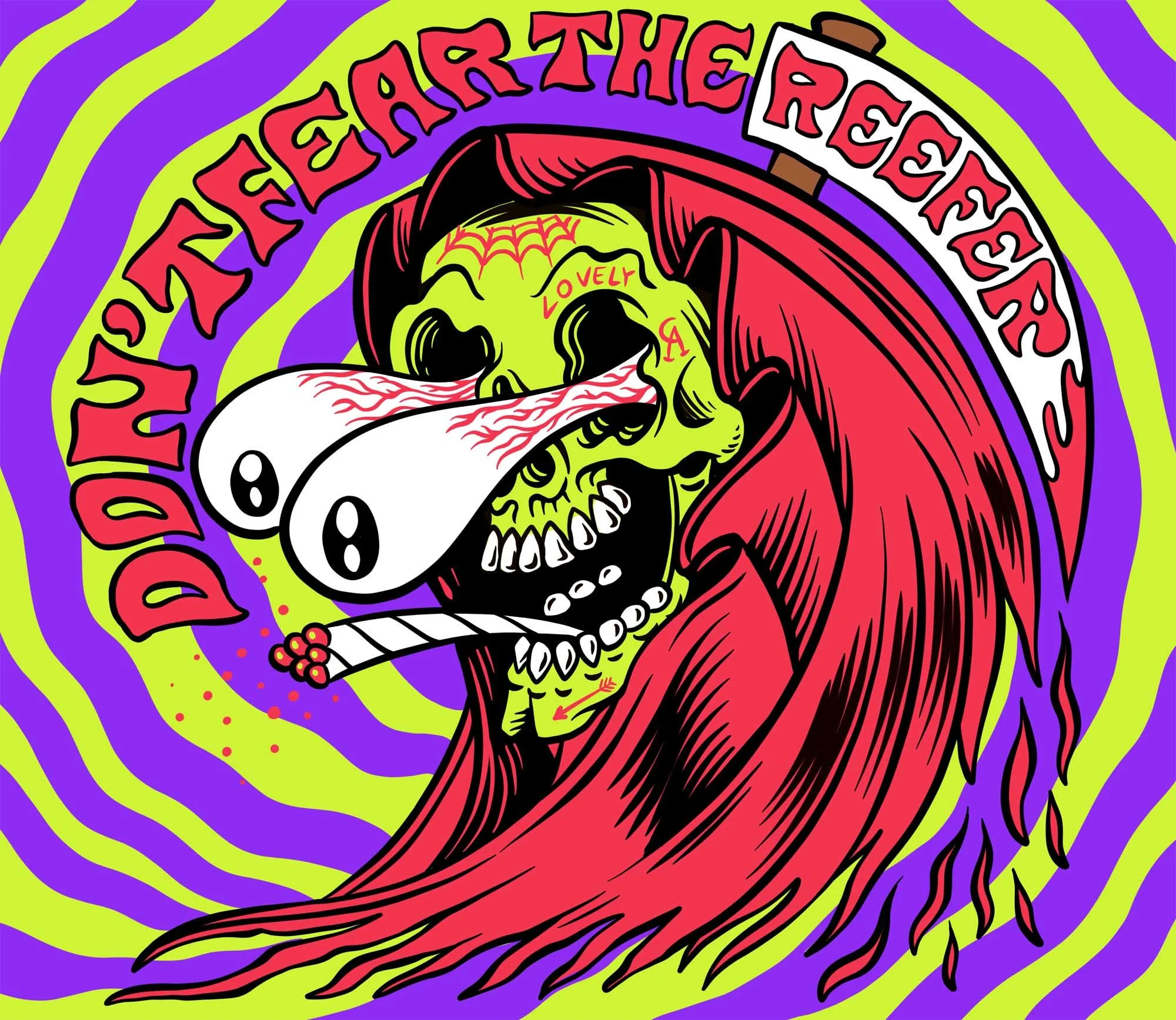 grim reaper freaking out while smoking a fat joint