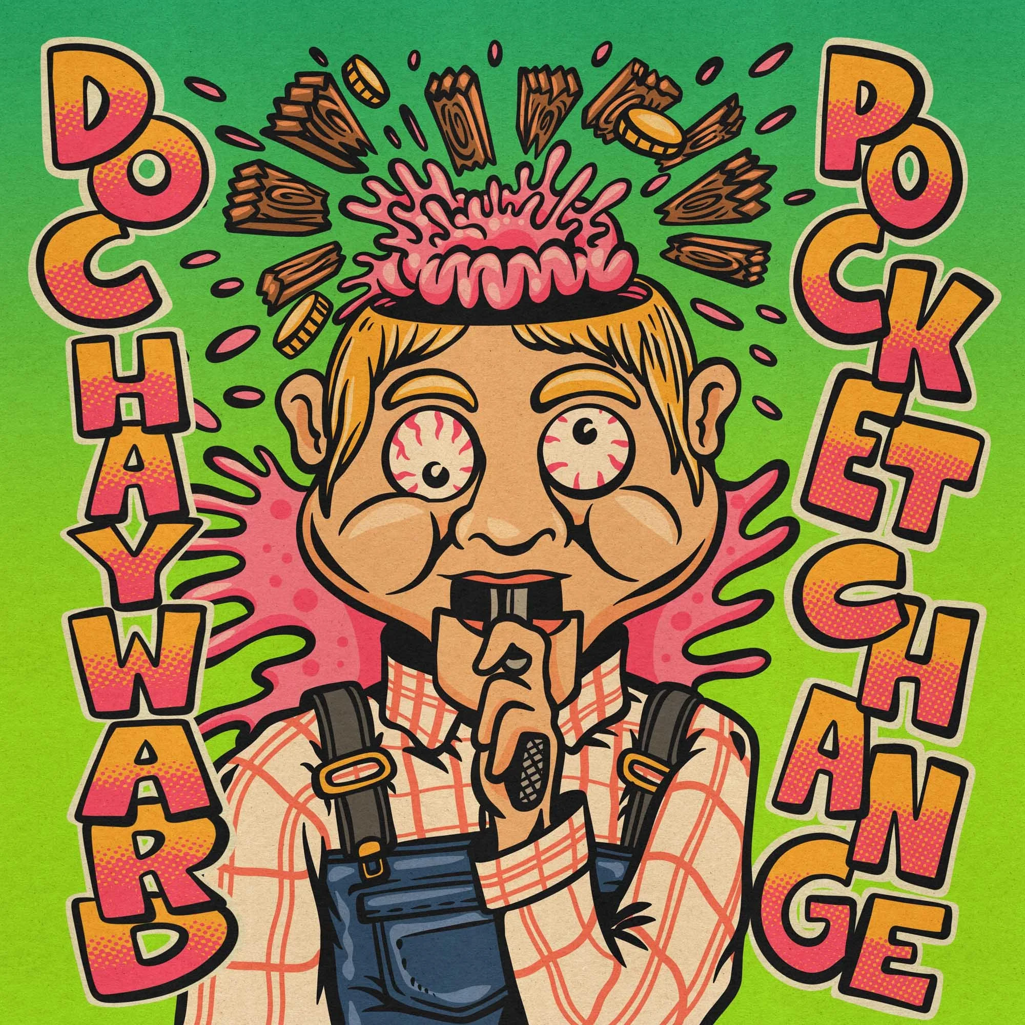 cover artwork for the musician Doc Hayward, picturing a wooden puppet blowing off its head with a gun
