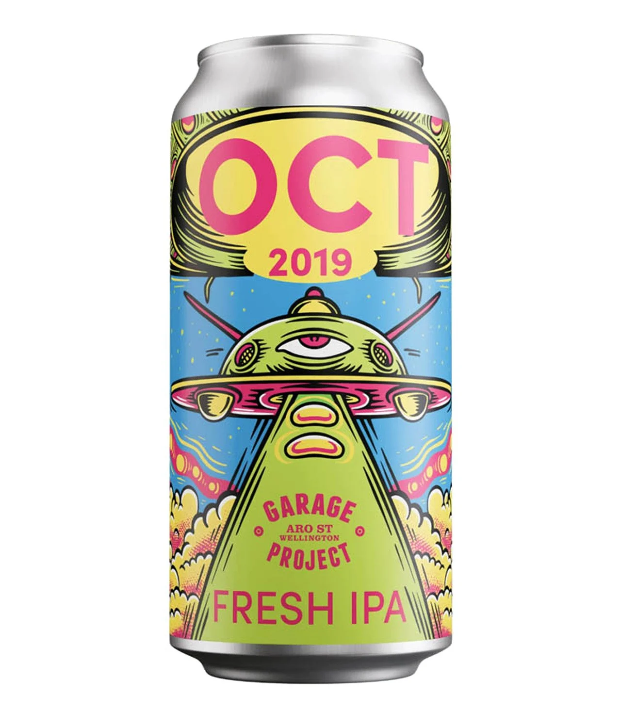 beer can illustration with an acid green & purple flying suacer abducting the brewery logo. A design for Garage Project