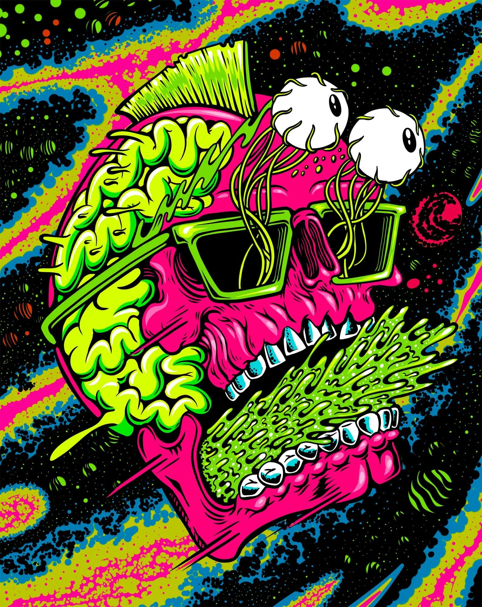 punk rock skull with popping eyeballs barfing green slime in space
