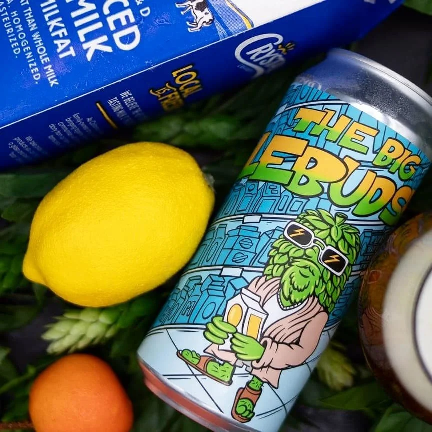 Grains of Virtue beer can design  picturing a caricature of the Big Lebowski movie but with a guy made of beer hops