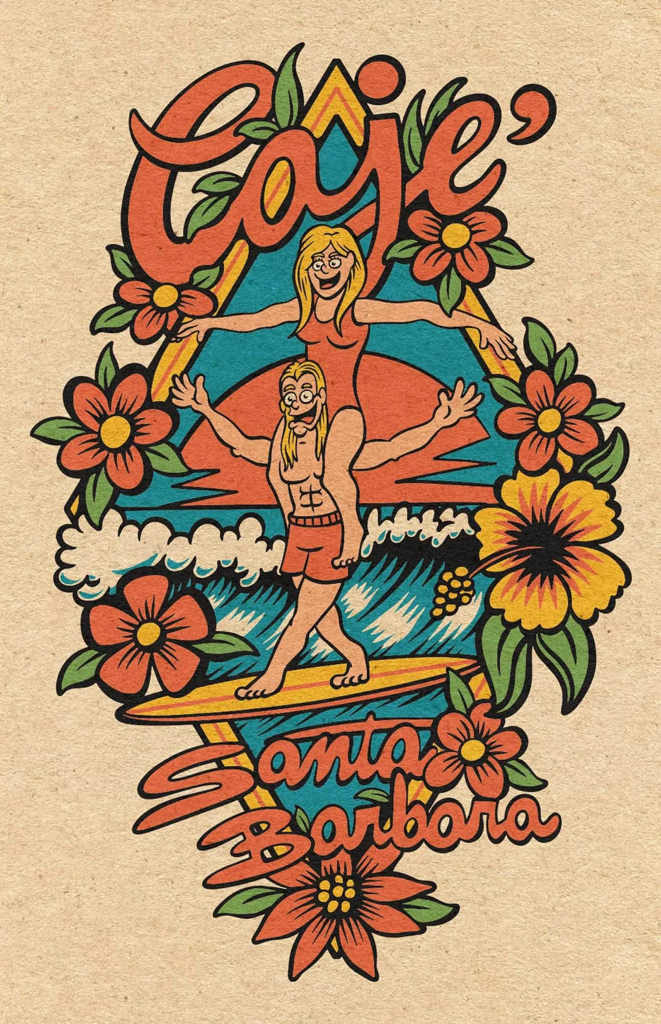 a vintage retro surf style illustration of a man and a woman surfing together a nice wave in southern california - an illustration for cajè coffee santa barbara