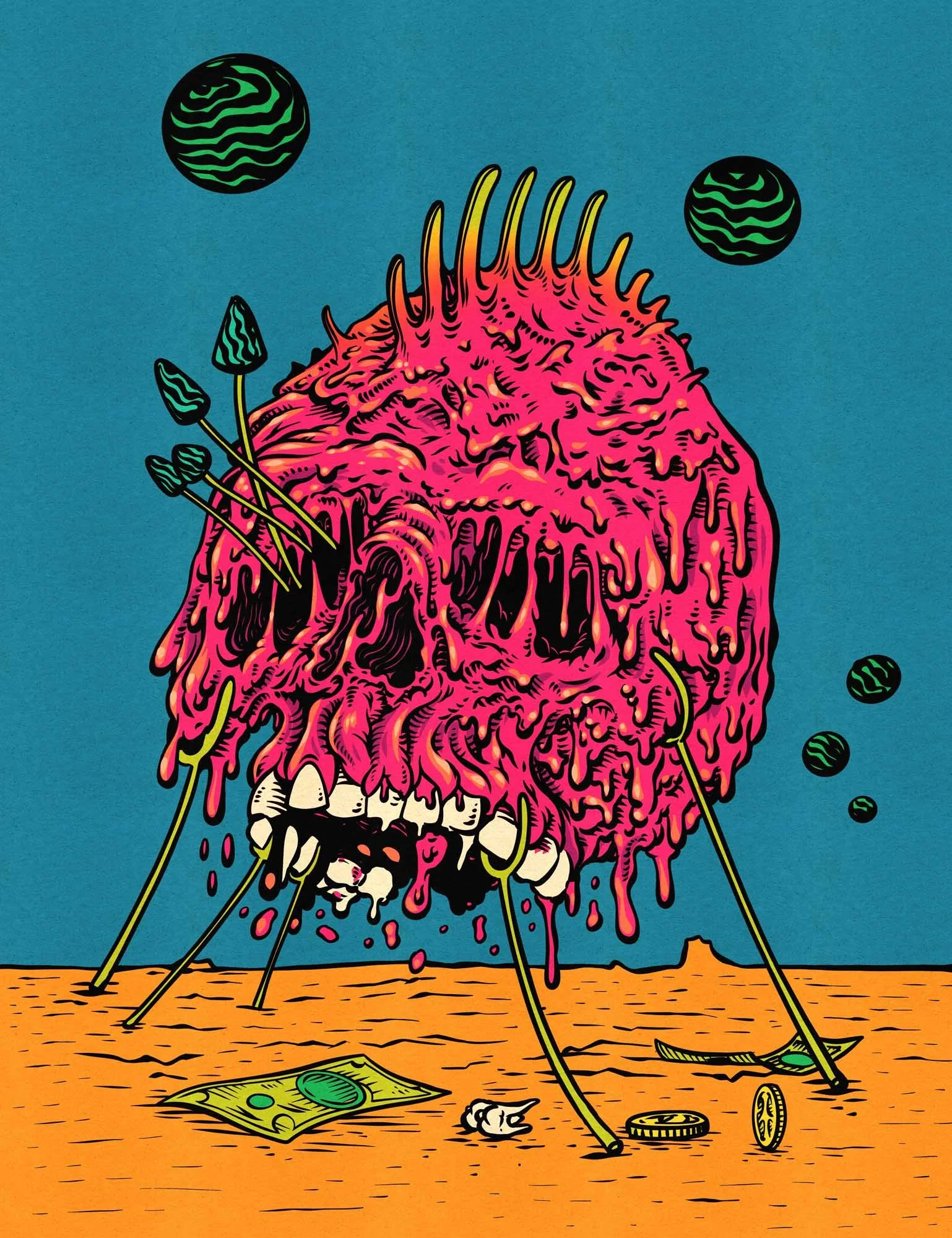 a purple skull of a monster is hanging on a couple sticks while melting on the ground, over a banknote, a couple coins and a tooth. a bunch of planets are floating in the sky. This lowbrow illustration is inspired by the artist Moebius