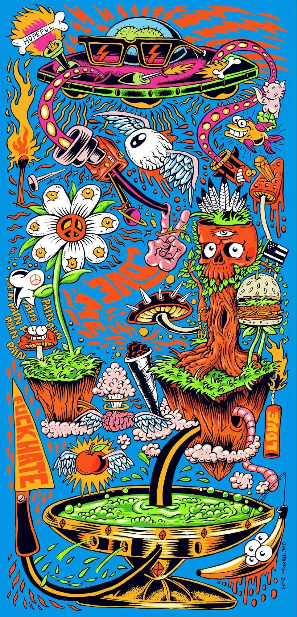 trippy cartoon composition of a flying saucer flying over a weird animated world with several crazy objects flying around